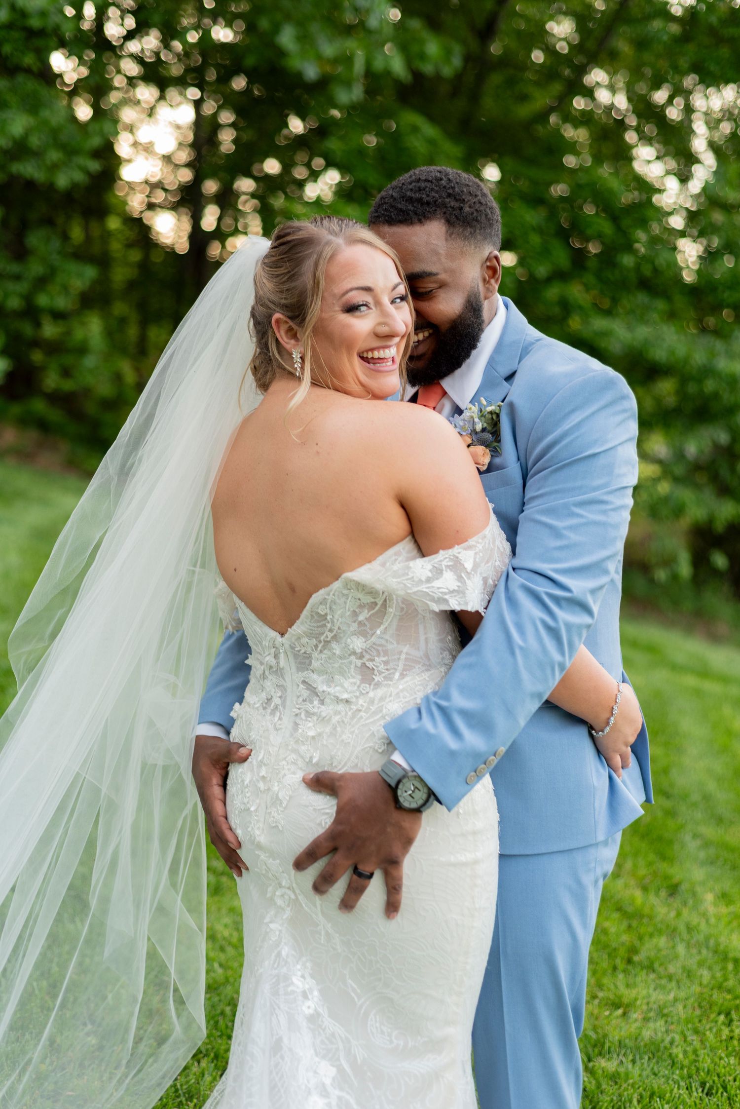 Wedding photo series showing joyful moments between newlyweds in an outdoor garden setting.