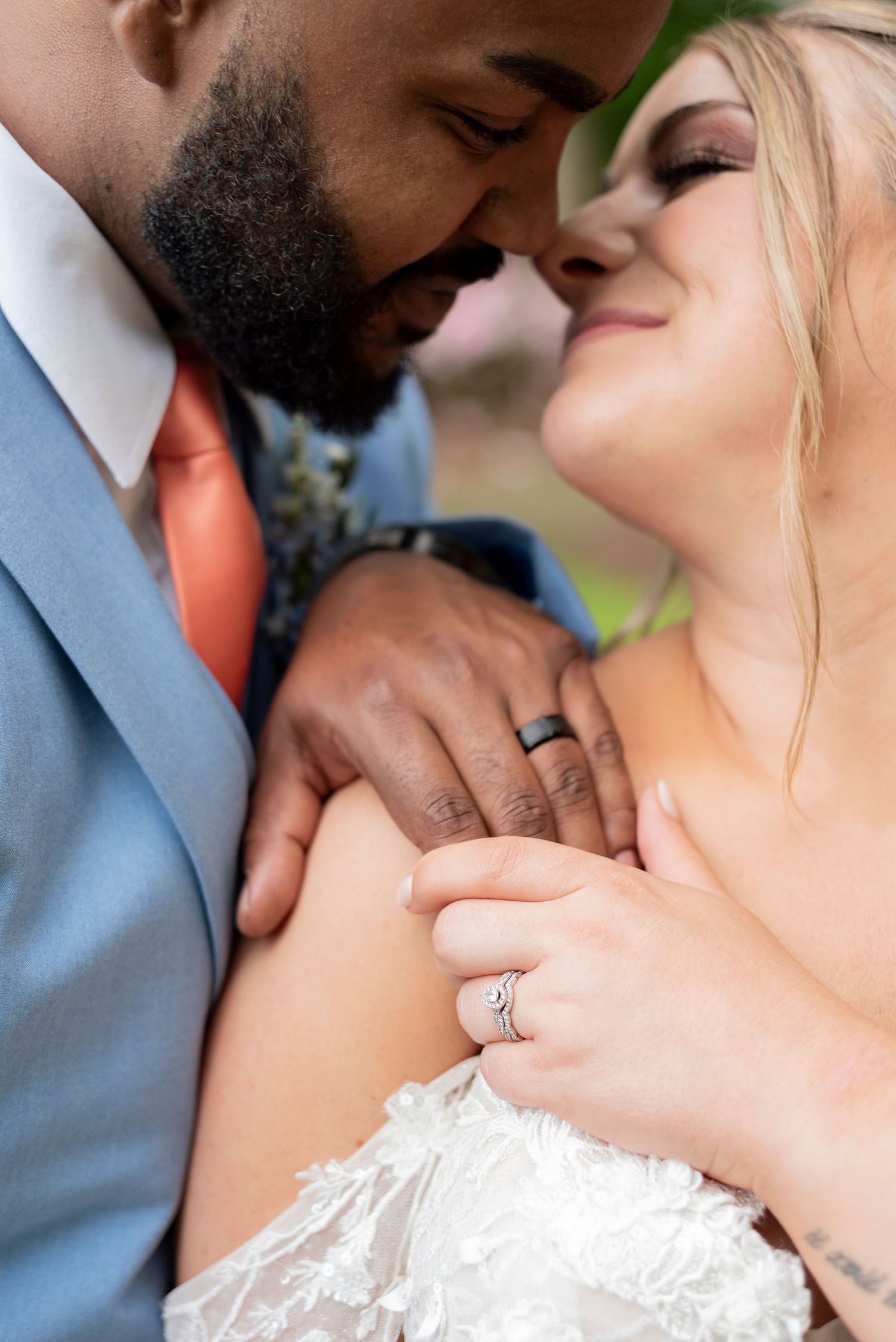 Close-up wedding photography sequence capturing romantic moments between newlyweds.