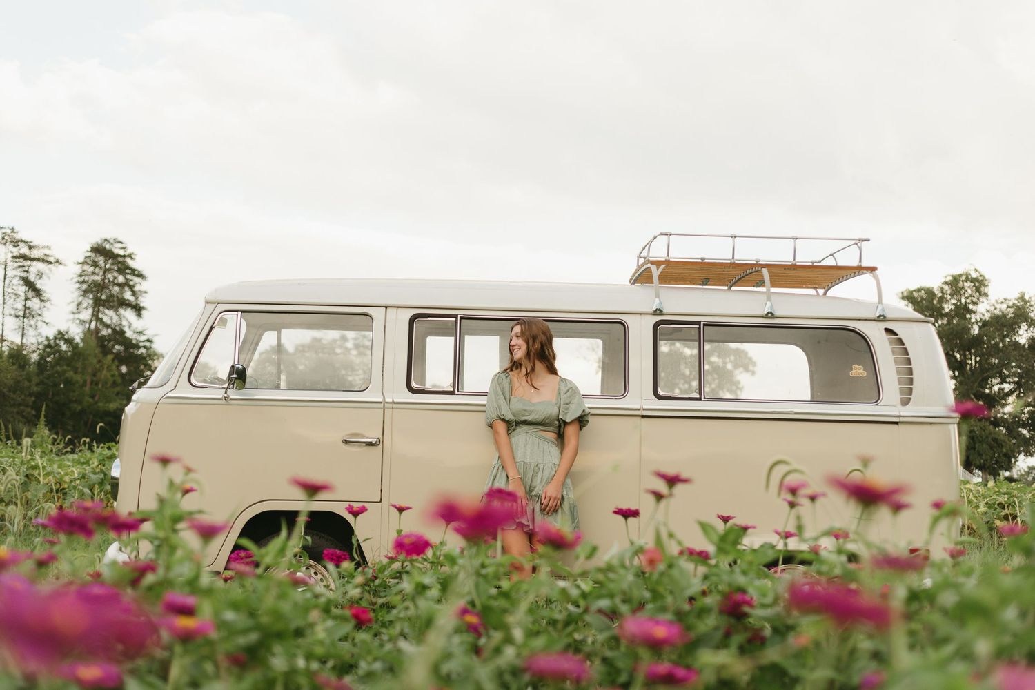 A vintage VW bus sits among pink wildflowers on a sunny afternoon.