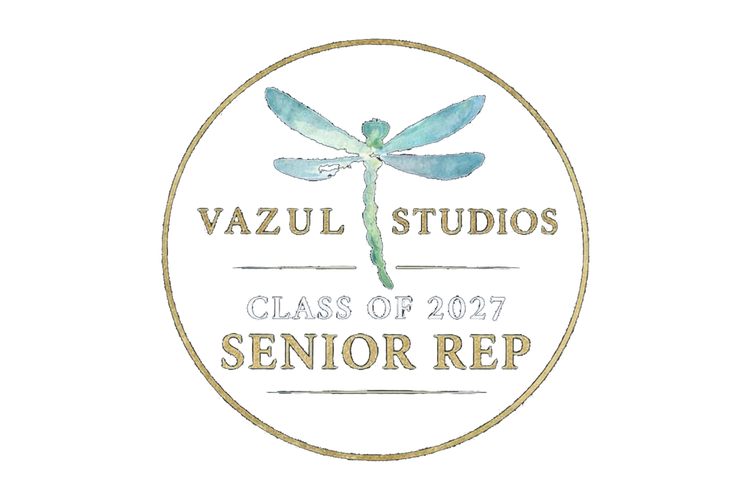 Vazul Studios Class of 2027 Senior Rep circular logo with watercolor dragonfly and gold border.