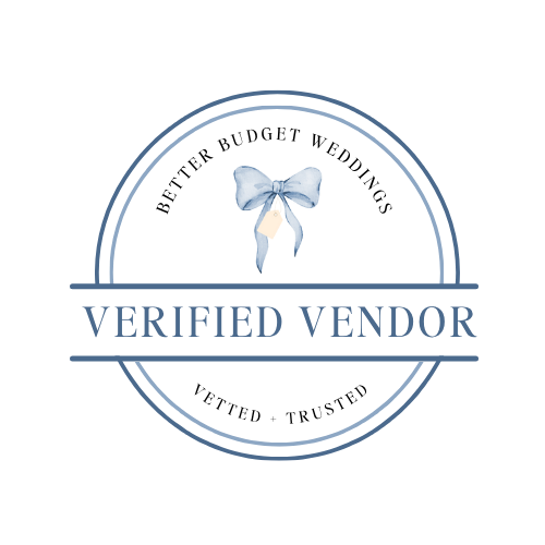 A collection of round badge-style logos in blue and white featuring text for verified vendors.