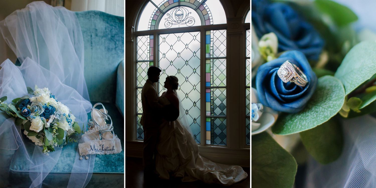 Romantic wedding triptych featuring blue bridal bouquet, couple silhouetted by stained glass window, and diamond ring with blue roses.