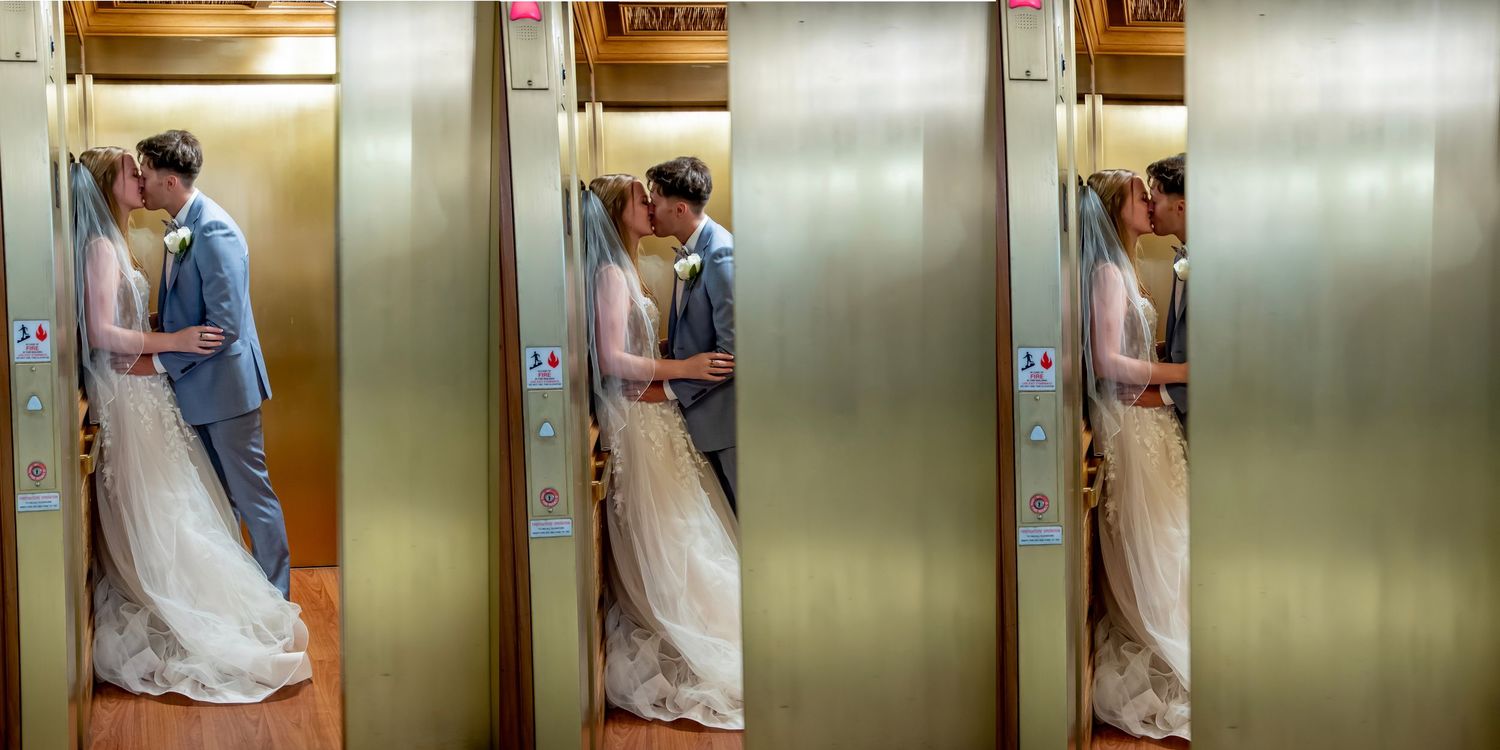 Bride and groom sharing a romantic kiss in a golden elevator, captured in a charming wedding photo collage.