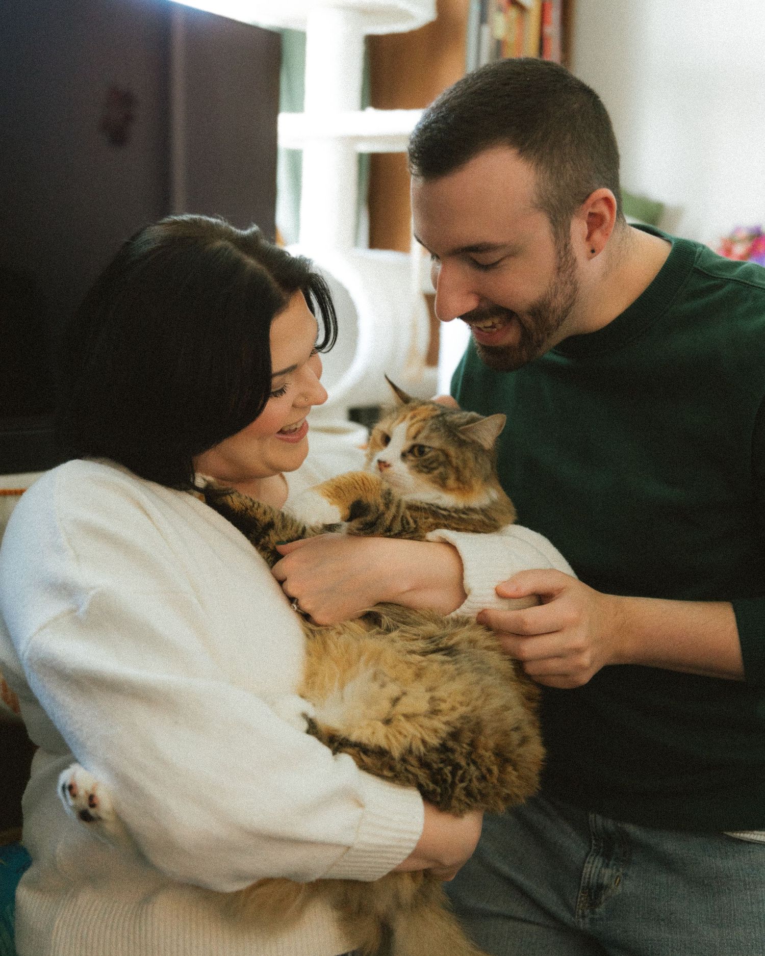A smiling couple in a cozy home lovingly holding a fluffy brown tabby cat together.