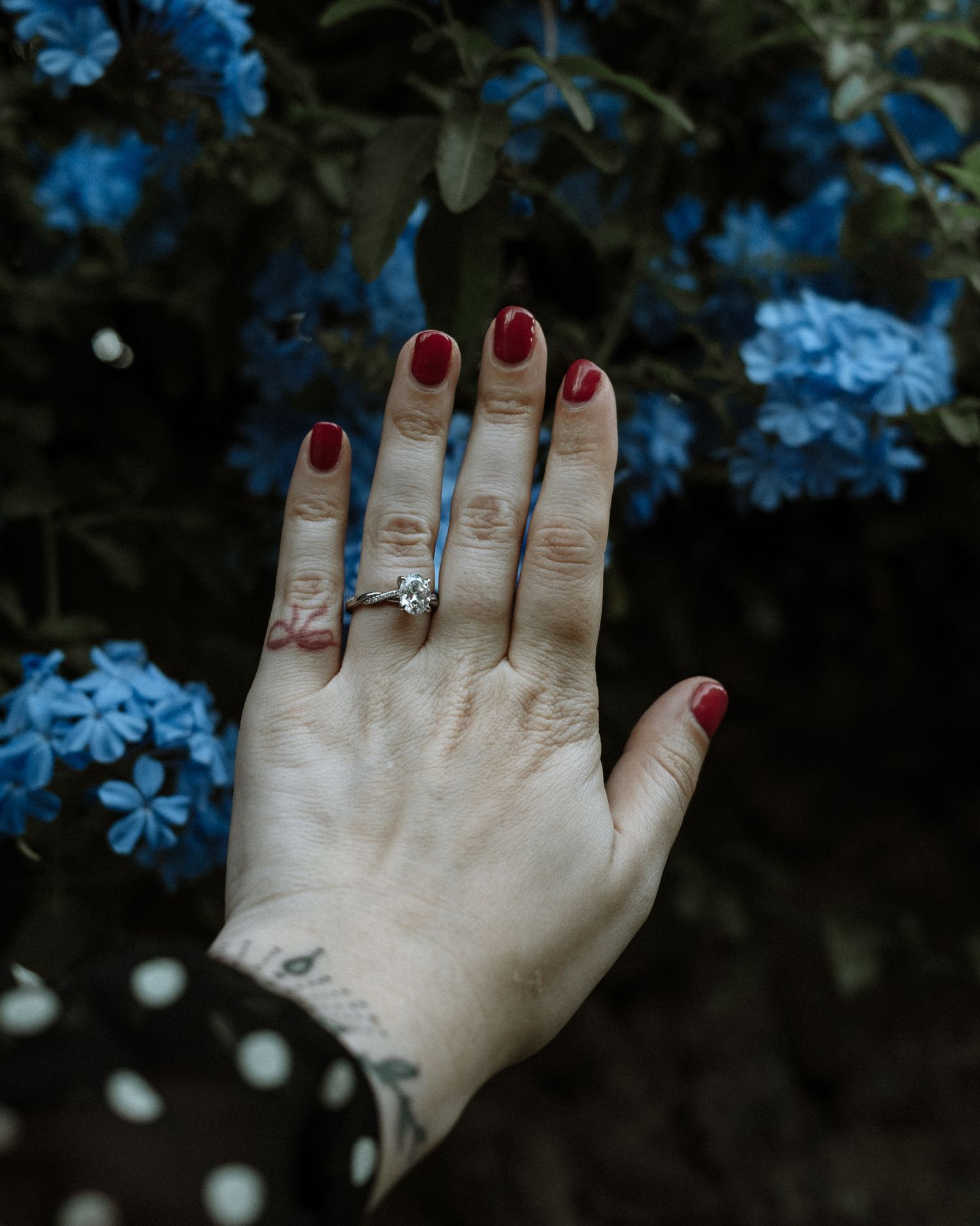Close-up of a diamond engagement ring on a hand with red nails, captured during an outdoor session in Wilkes-Barre, PA.