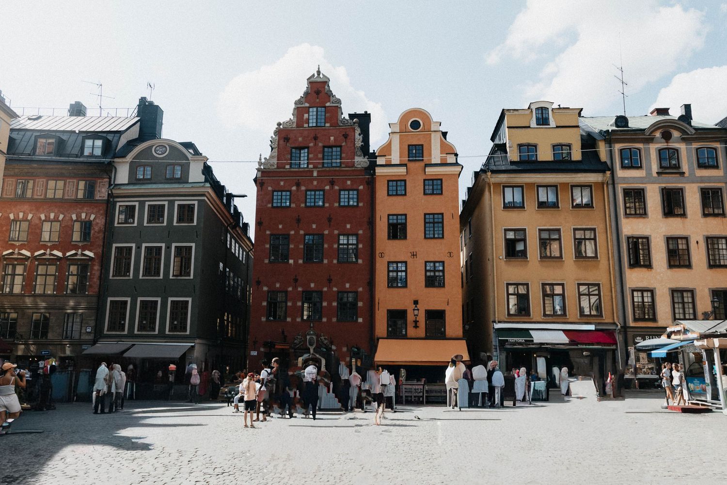 A bright, wide-angle landscape shot of colorful historic buildings in Stockholm, Sweden, illustrating travel and adventure.