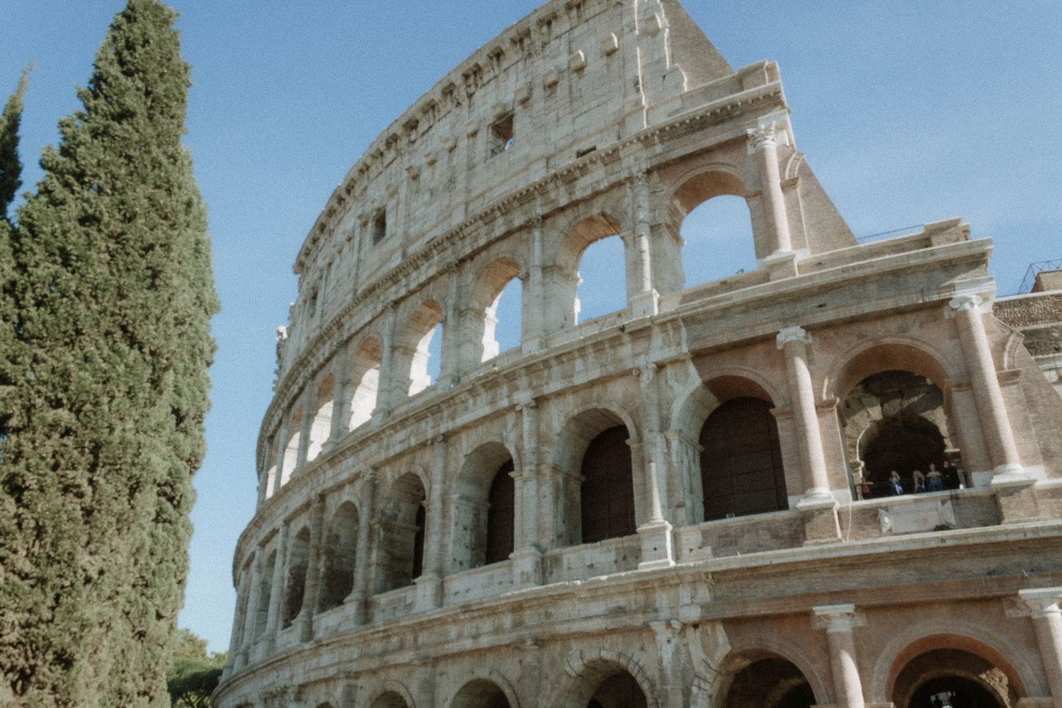 Close-up view of the ancient Roman Colosseum arches with cypress trees under a clear blue sky.