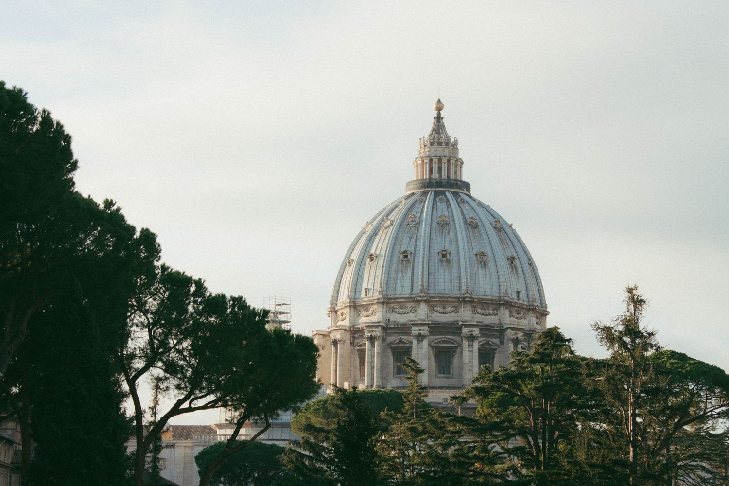 St. Peter's Basilica dome rises above green trees against a cloudy sky in Vatican City, Rome.