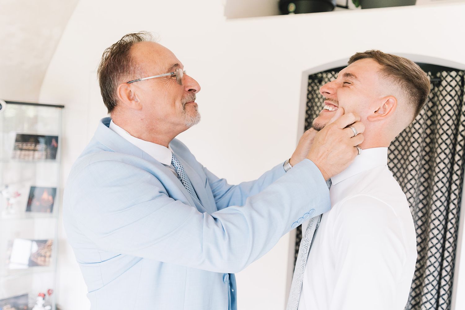 Sequence of candid moments showing laughter and joy during wedding preparations.
