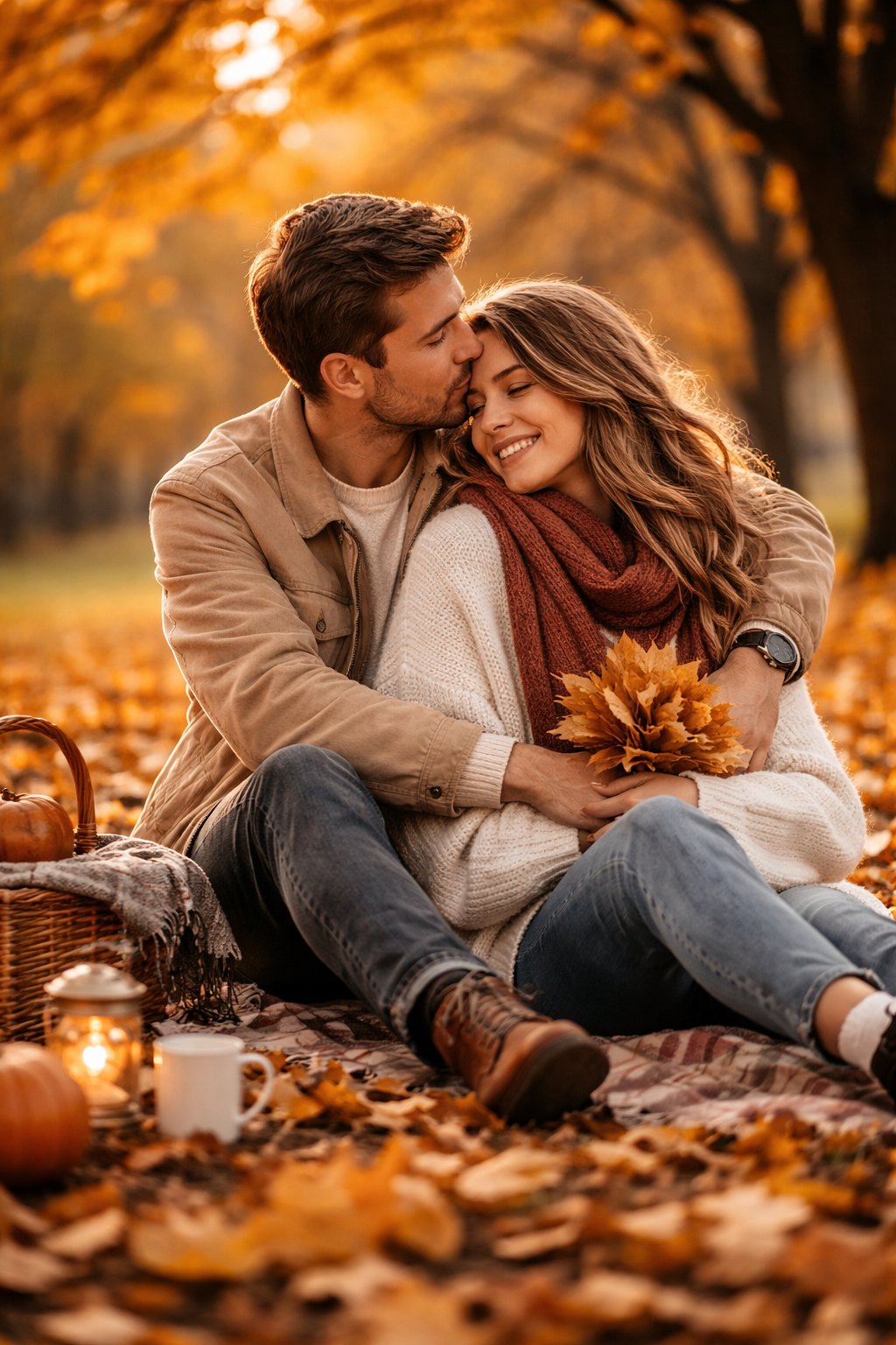 Couple enjoying romantic autumn picnic on fallen leaves with warm orange lighting.