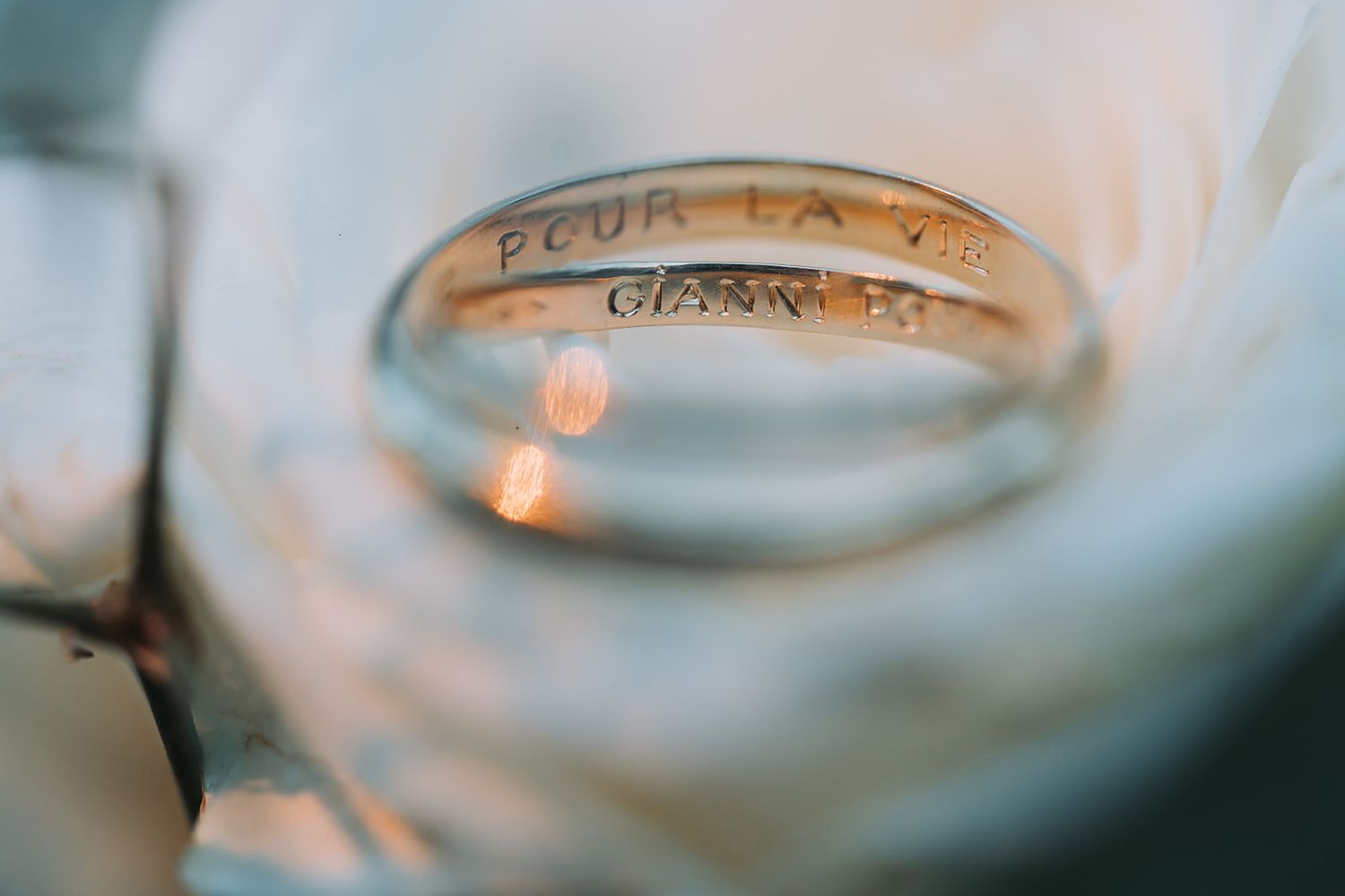 Photographie de détails : alliances de mariage posées avec soin, mise au point artistique et lumineuse.