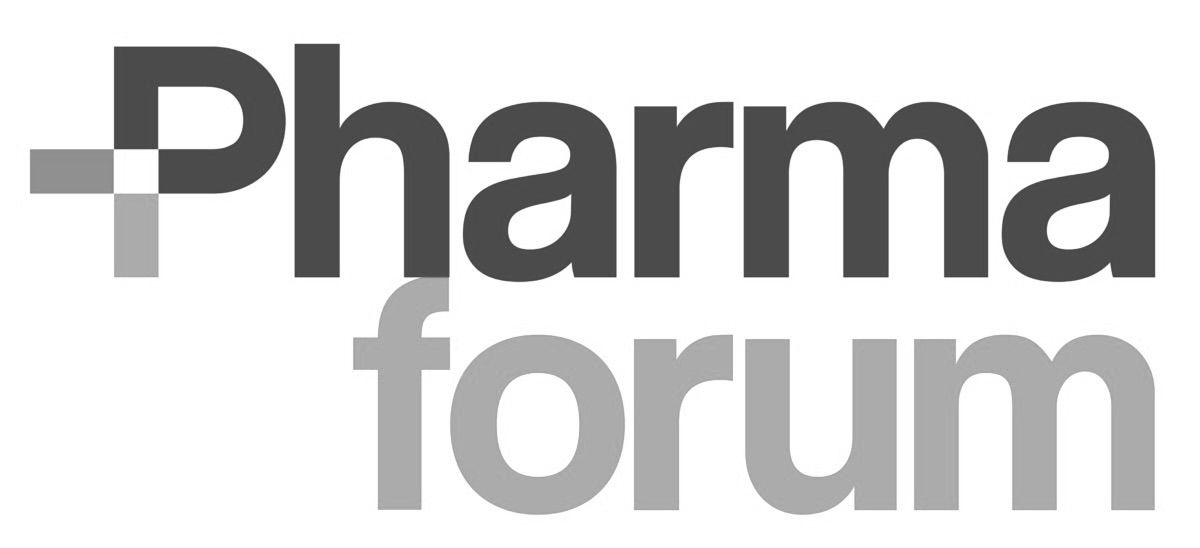 Minimalist pharmaceutical company branding text in grayscale.