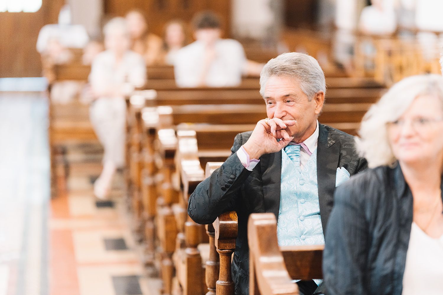 Emotional reactions captured during a church wedding ceremony.