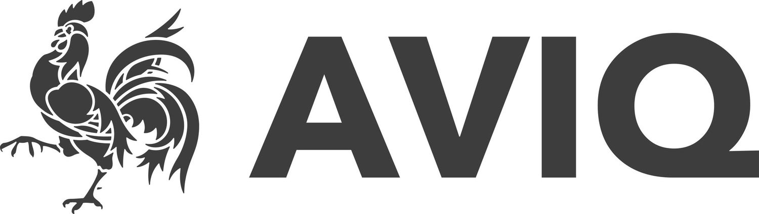 Black and white logo design featuring a rooster silhouette next to AVIQ text.