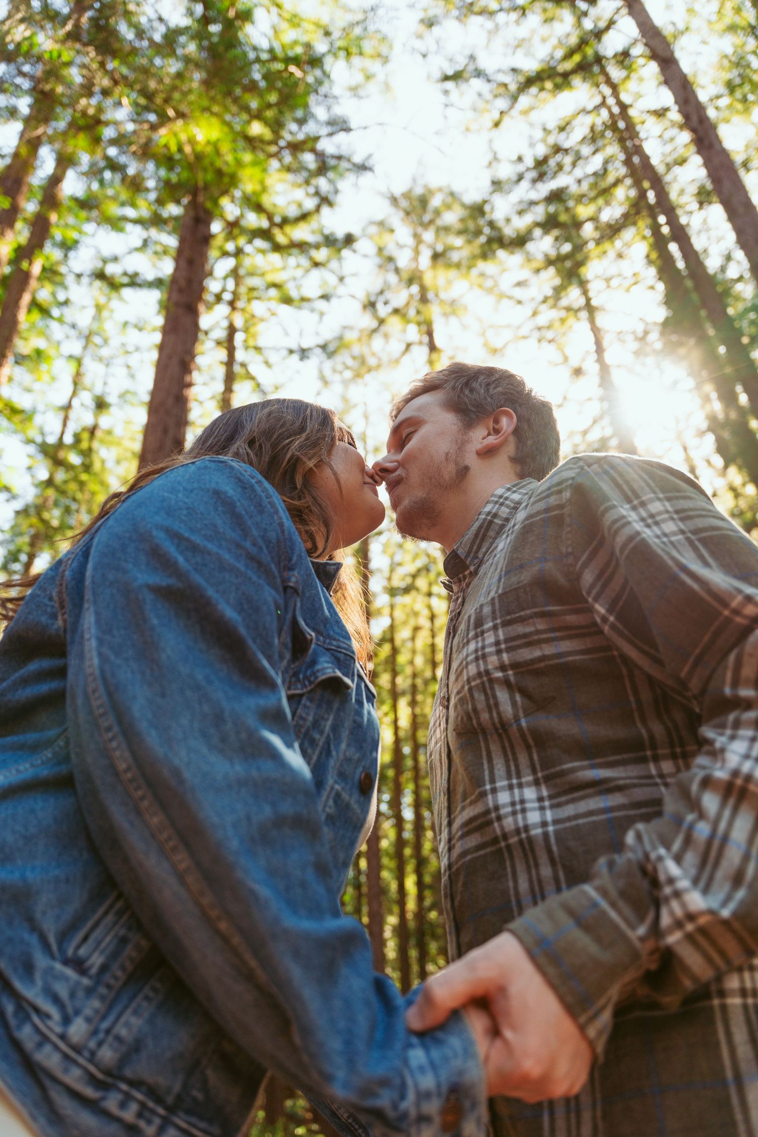 Intimate couple embracing in sunlit forest setting.