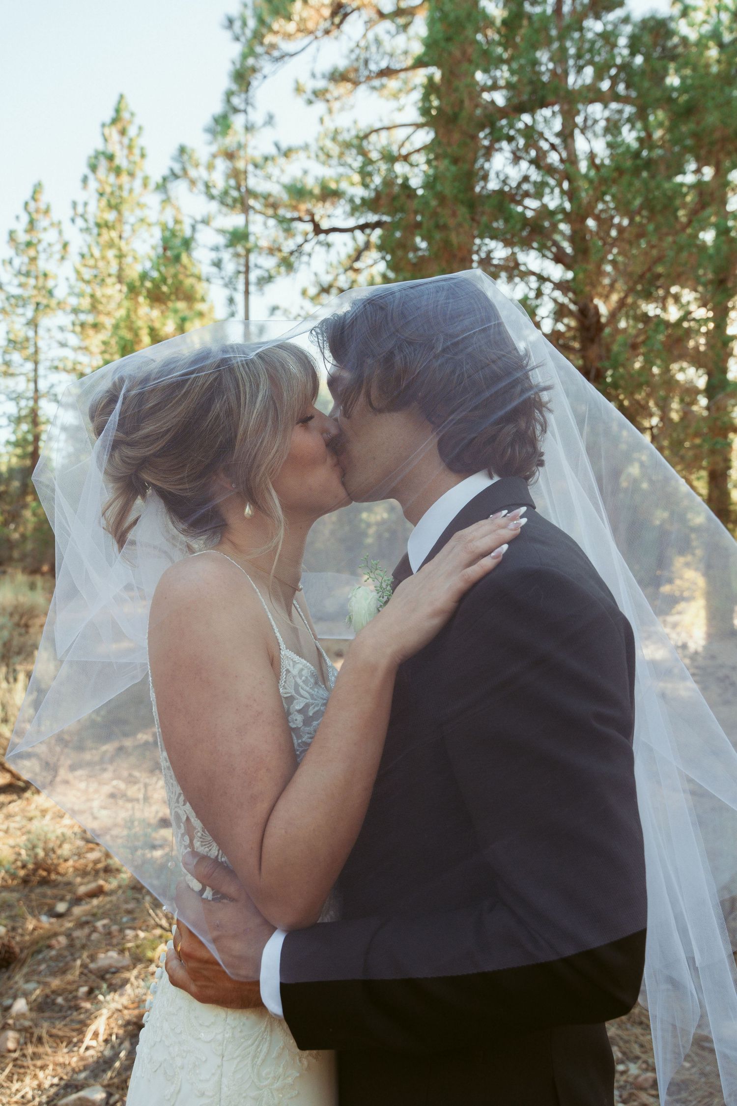 Wedding couple sharing a tender kiss in a sunlit forest with pine trees in the background.