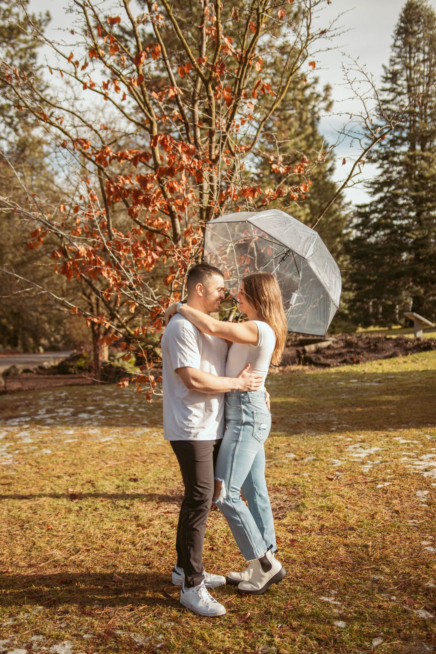 Couple sharing romantic moments under clear umbrella in autumn setting.