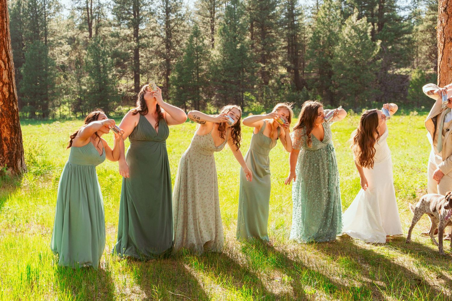 Wedding party in mint green and white dresses posing in a sunlit forest clearing.