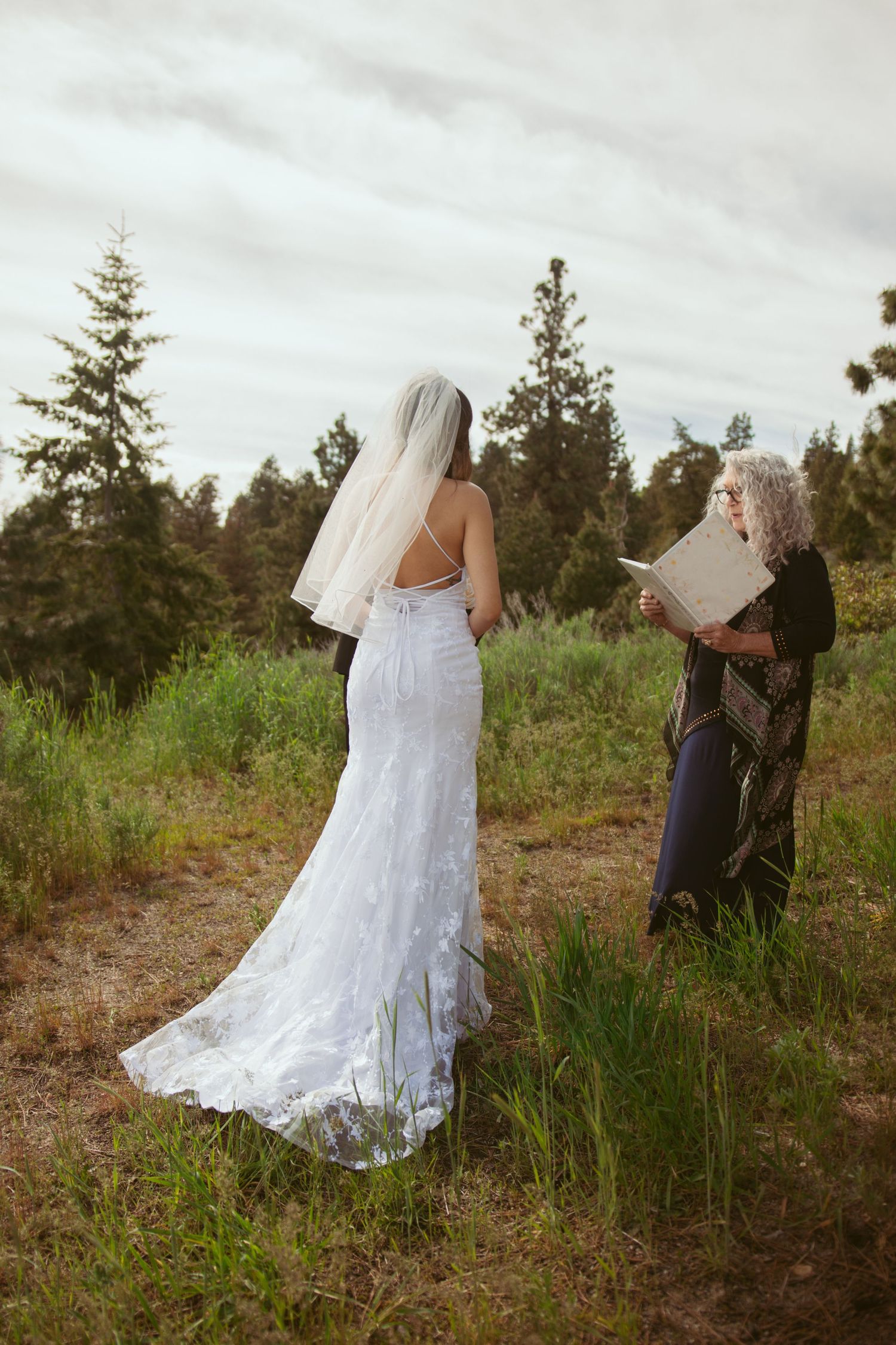 Wedding ceremony participants standing in tall grass on a mountain overlook.