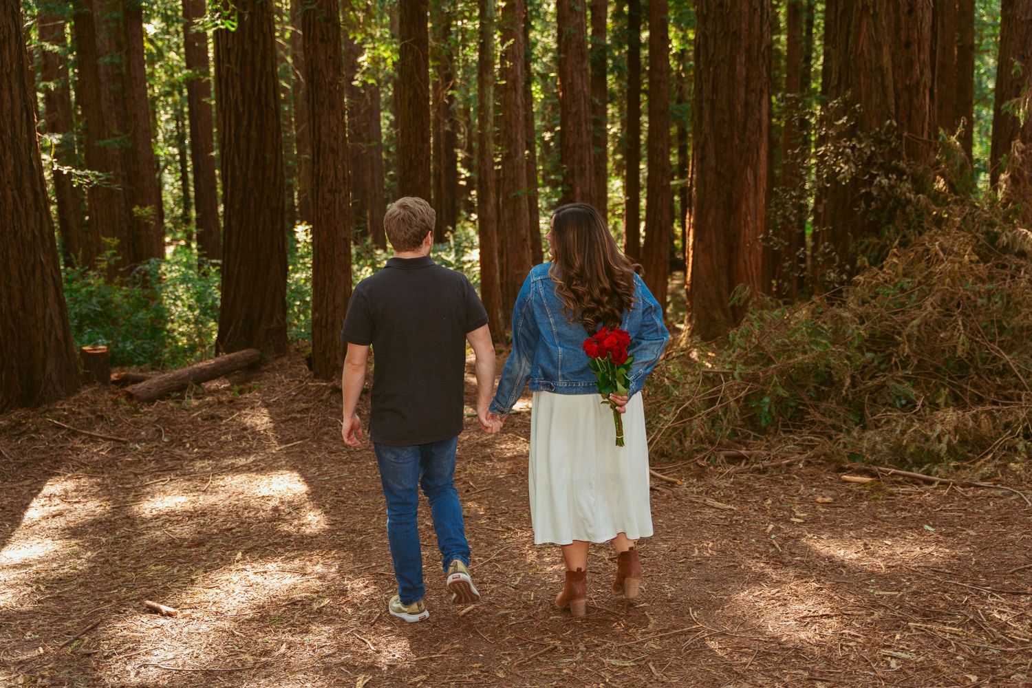 A couple walks hand in hand through a sunlit redwood forest with tall majestic trees surrounding them.