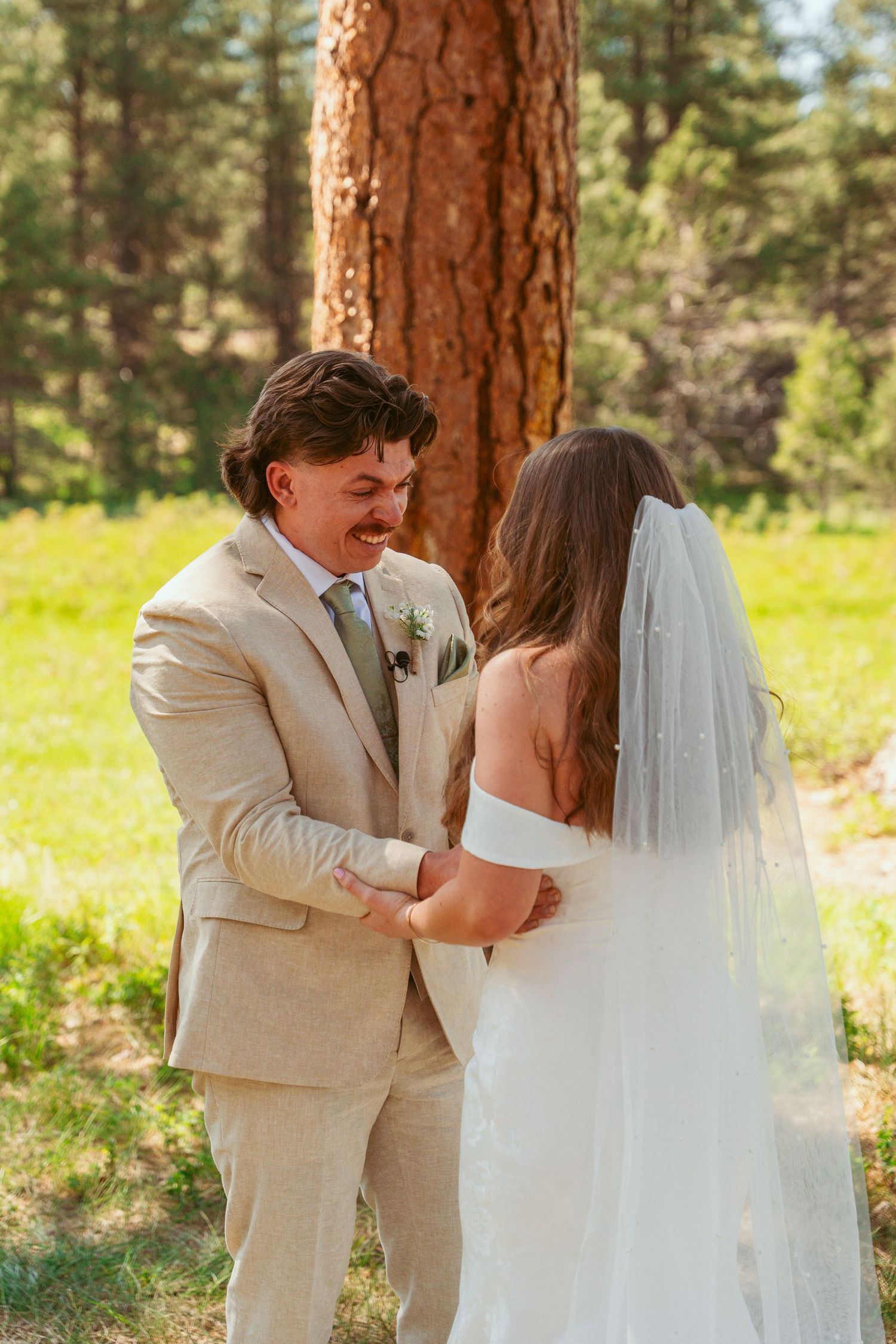 Emotional first look moment between newlyweds among tall pine trees and natural meadow landscape.