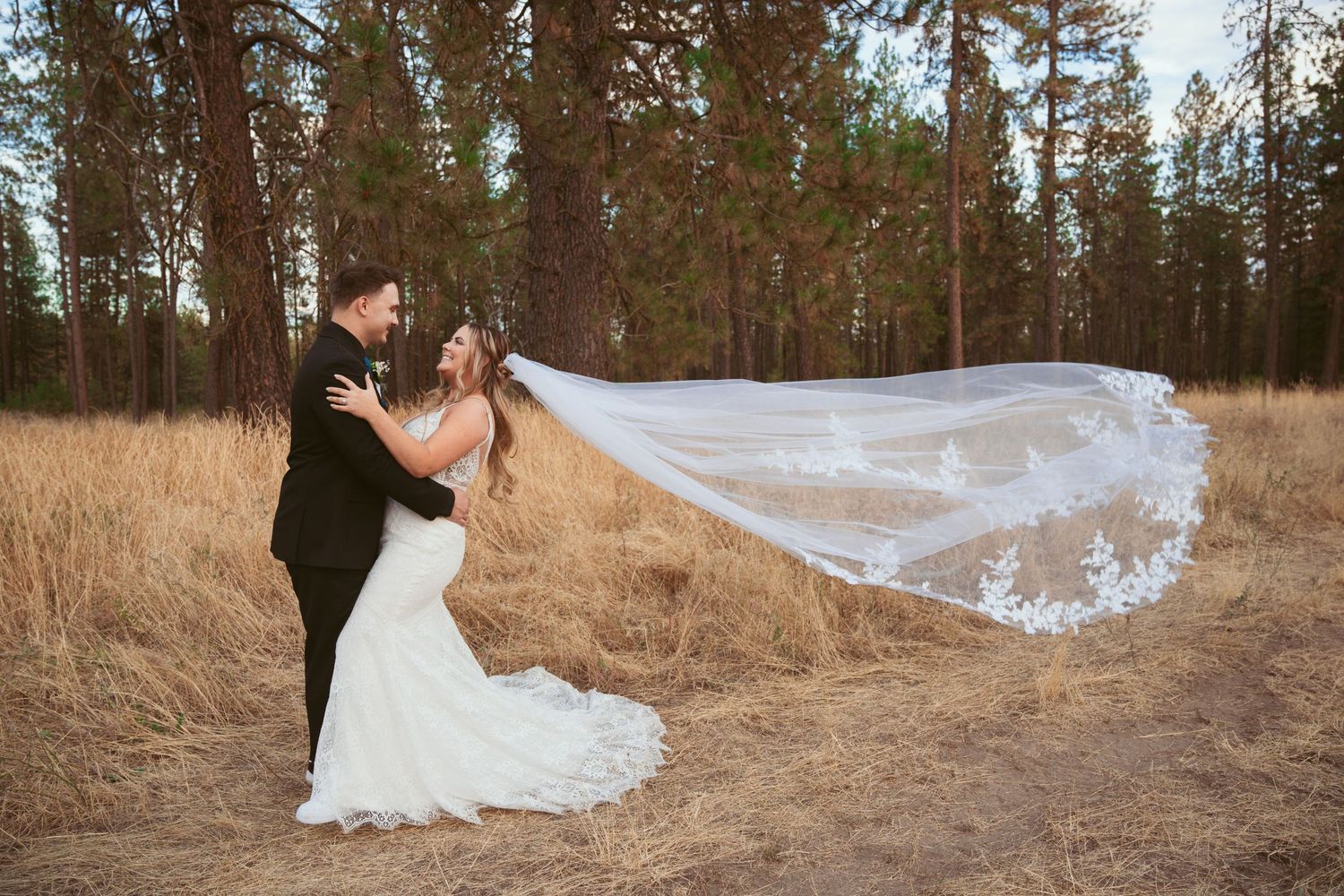A dramatic wedding veil flows in the wind against a backdrop of pine trees and golden grass.