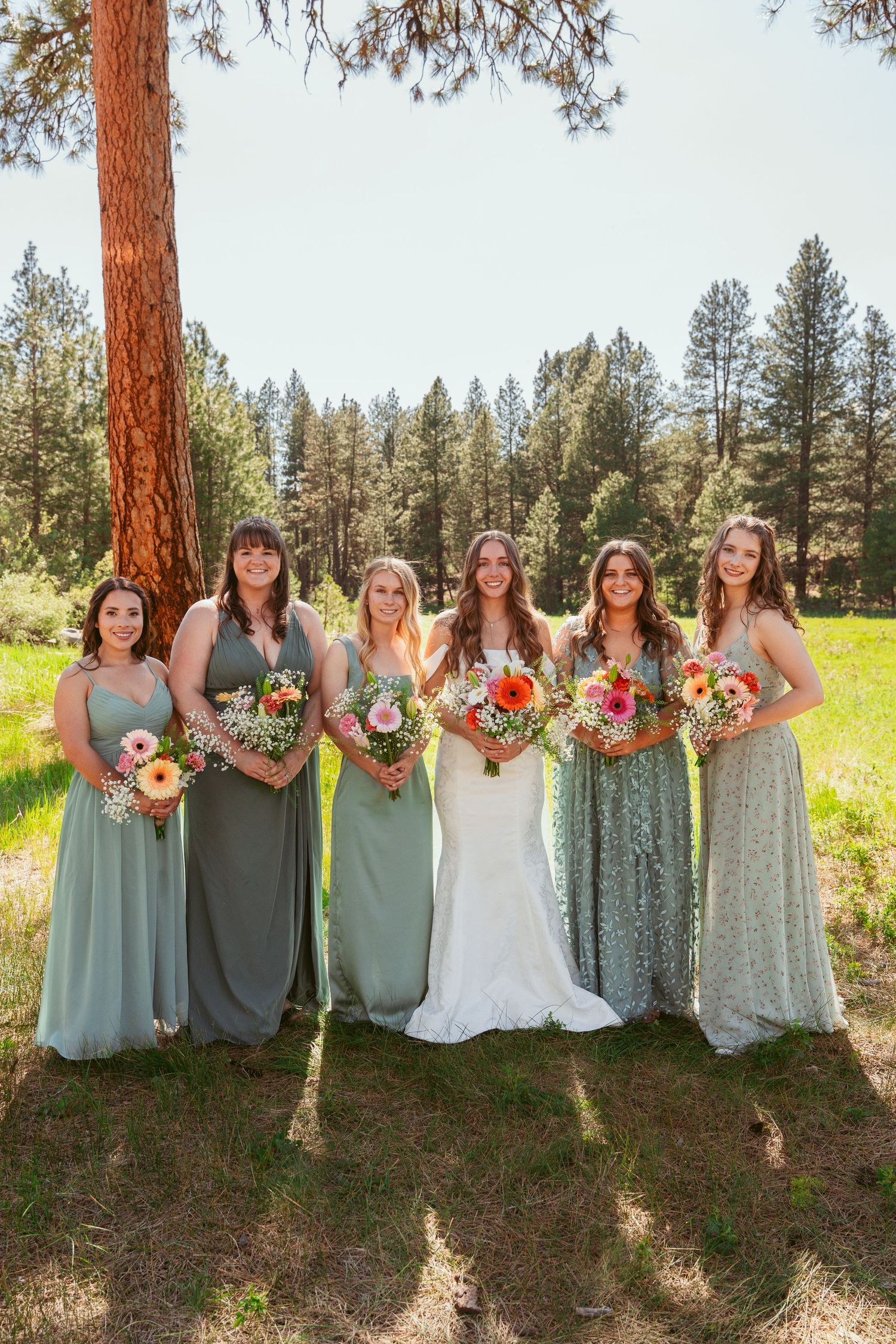 Wedding party in mixed sage dresses poses with colorful bouquets near a large pine tree.
