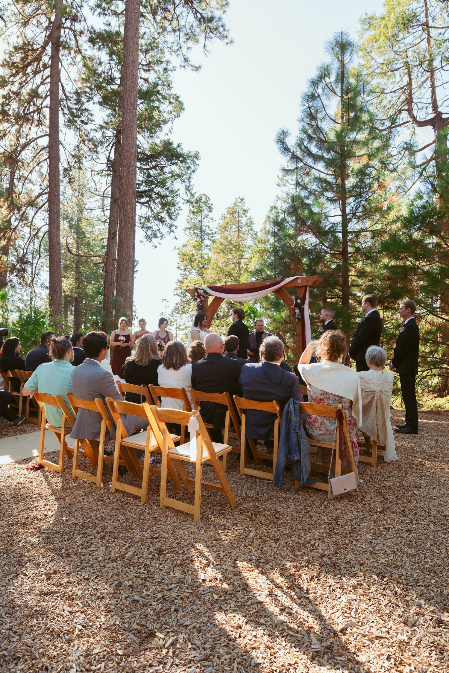 Wedding guests seated on wooden chairs in a forest clearing for an outdoor ceremony.