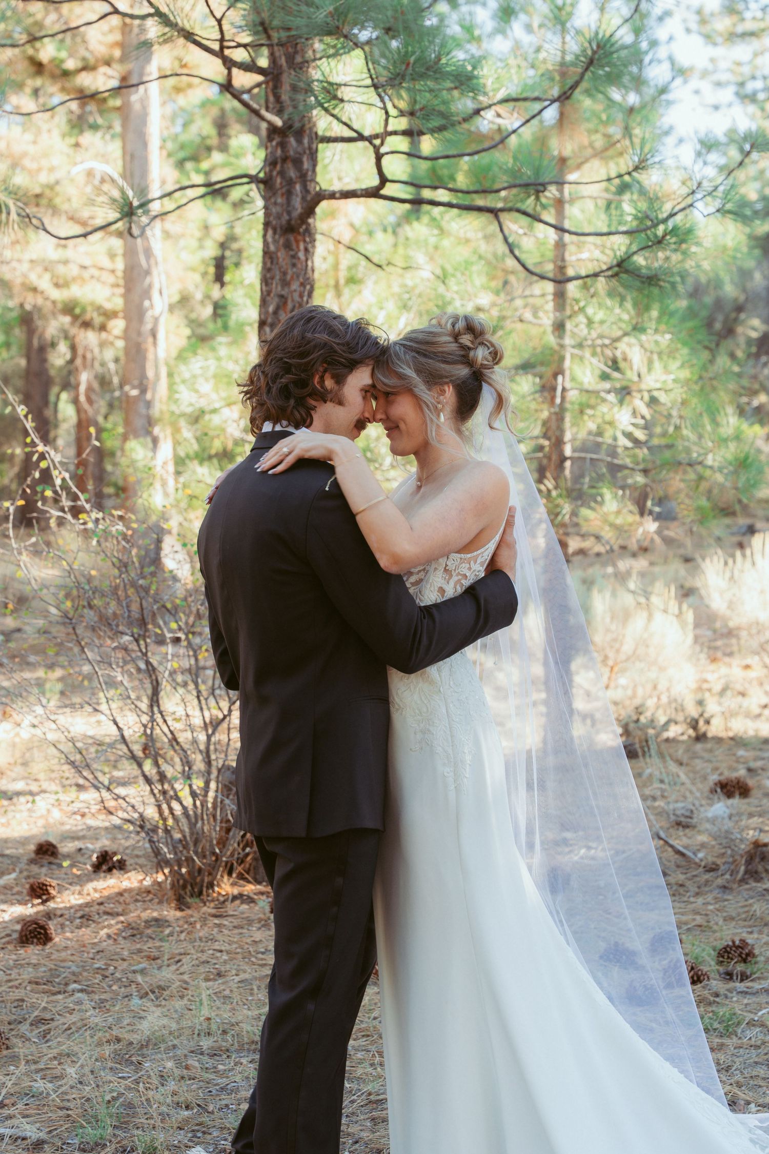 A romantic wedding moment captured in a sunlit forest with pine trees creating a natural backdrop.