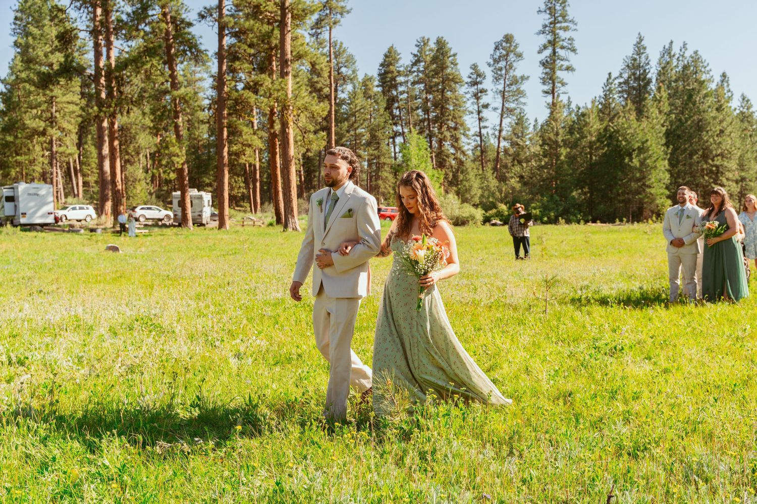Wedding party poses in a sunny meadow surrounded by tall pine trees on a beautiful summer day.
