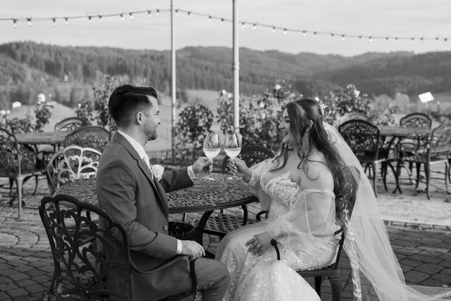 String lights illuminate outdoor wedding venue with mountain views at dusk.