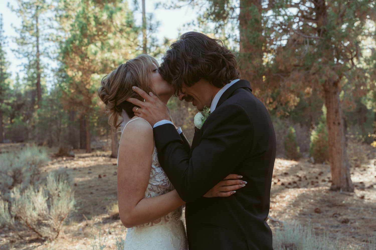 Series of romantic wedding photographs captured in a serene forest setting.