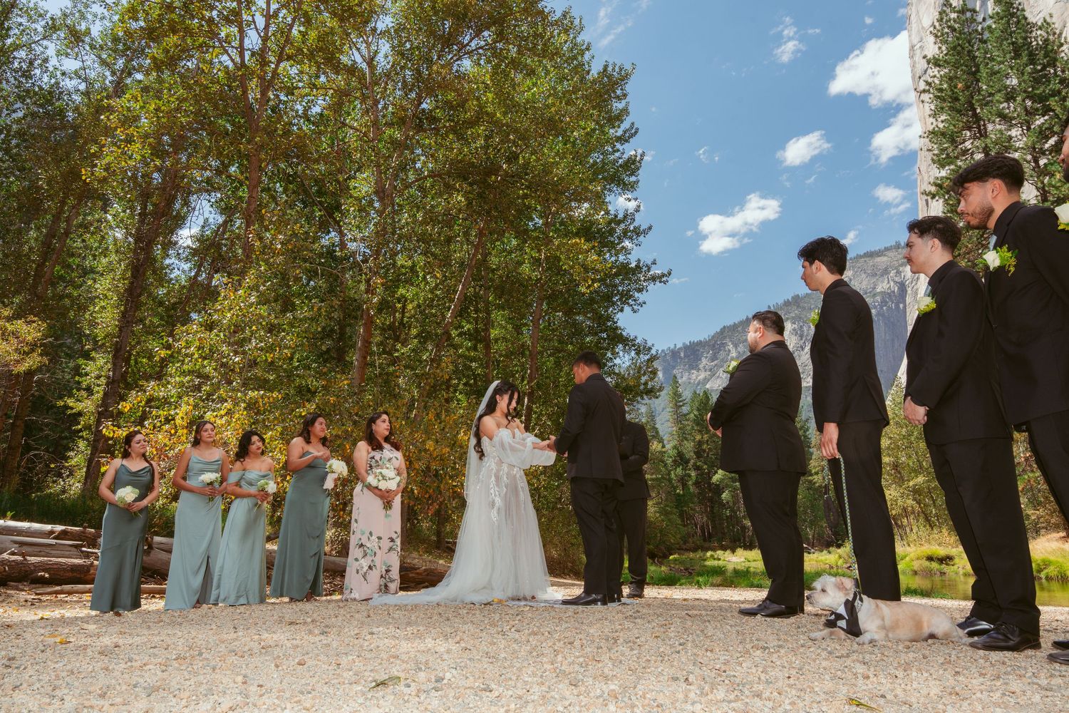 Wedding guests gathered in Yosemite Valley with towering granite cliffs in the distance.
