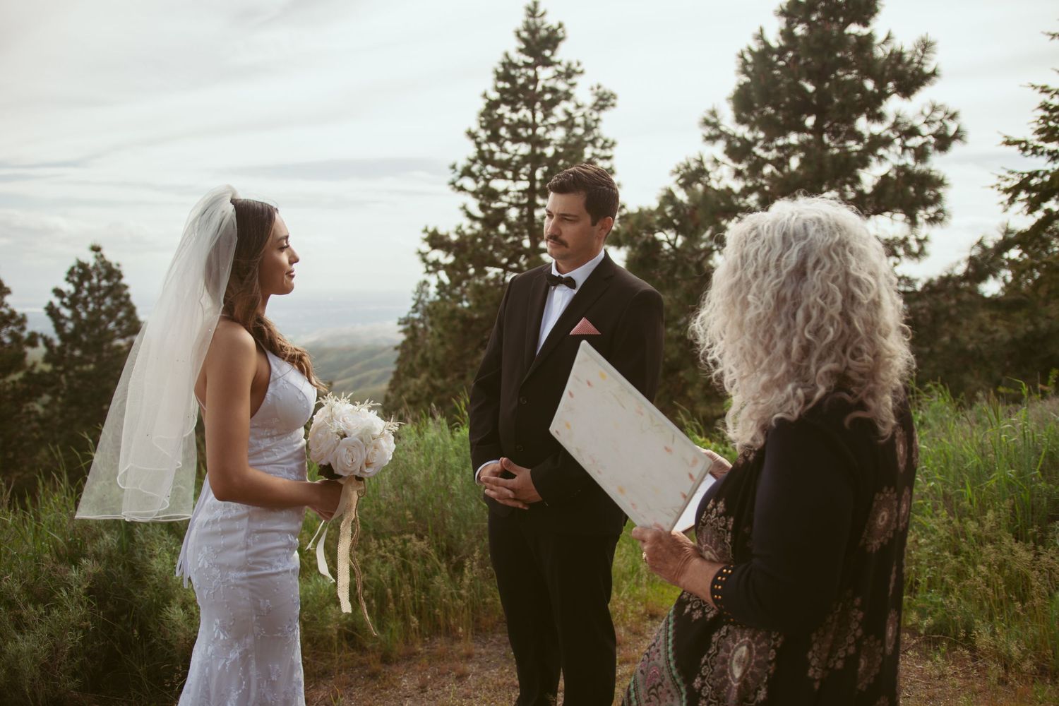 A wedding ceremony takes place on a scenic mountain overlook with pine trees in the background.