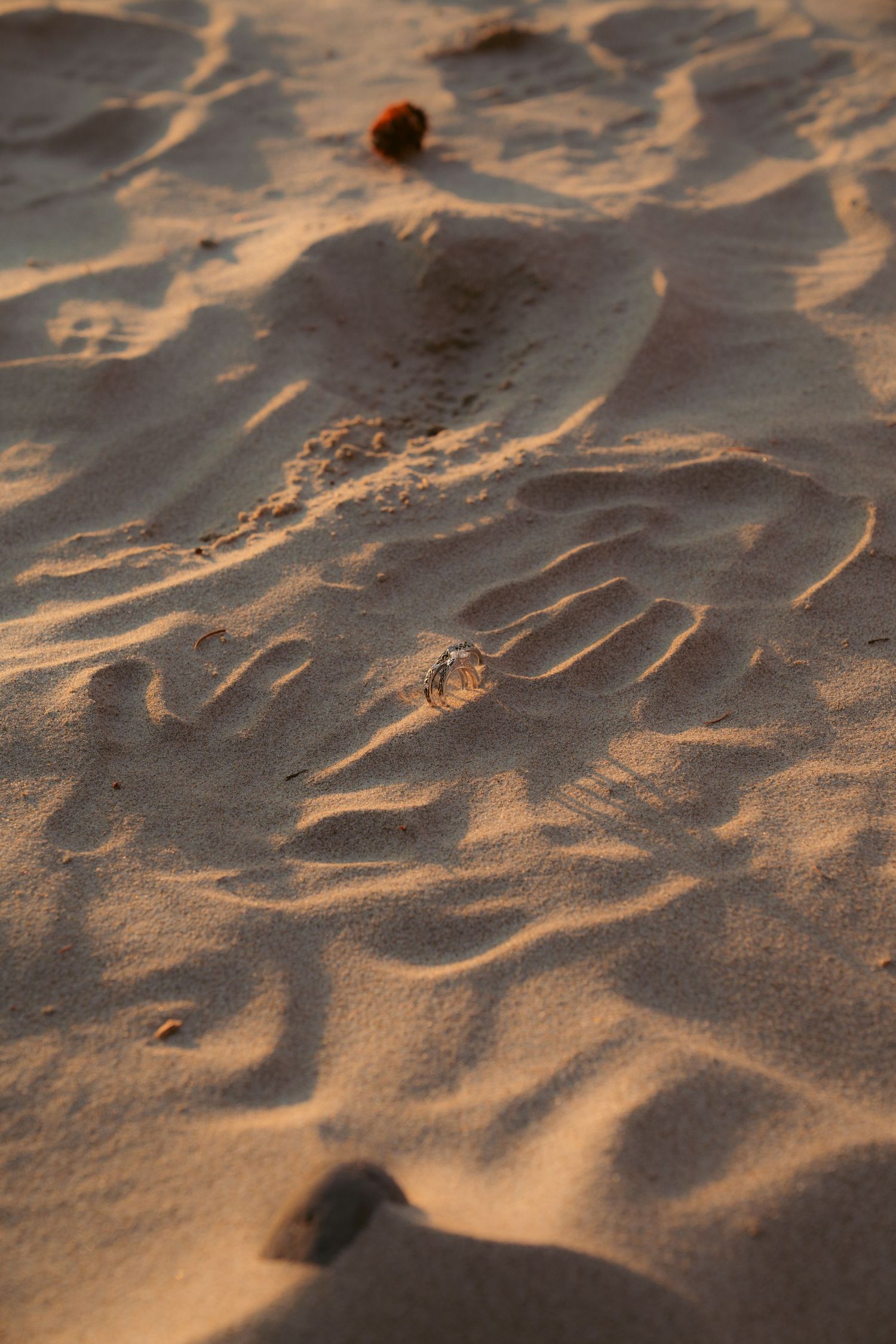 Detailed view of beach sand ripples illuminated by warm evening sunlight.
