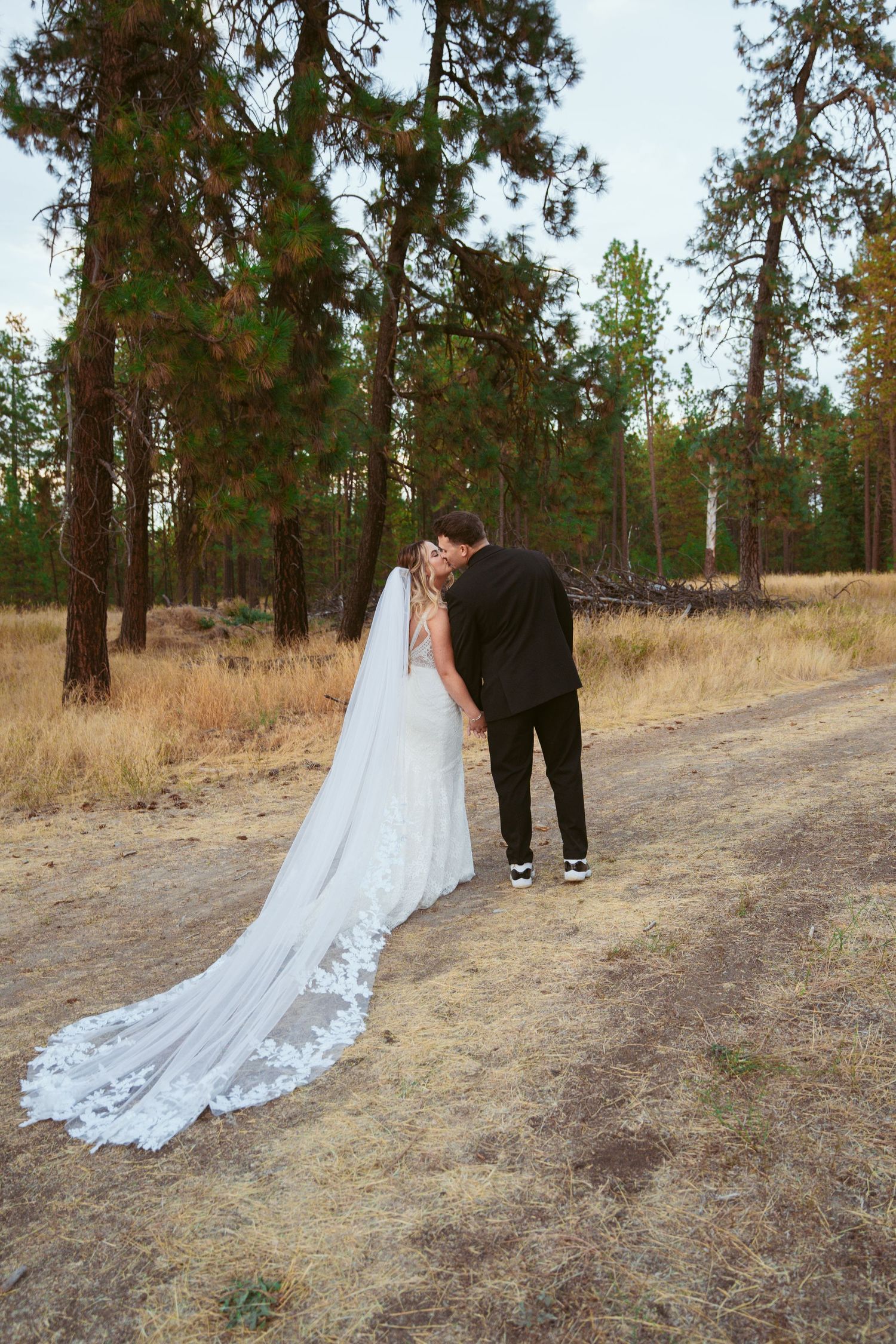 Wedding couple photographed from behind walking through pine forest with trailing white dress.