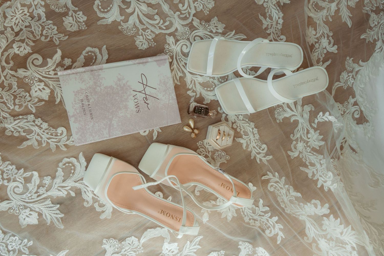Delicate lace pattern detail on wedding attire or decor.