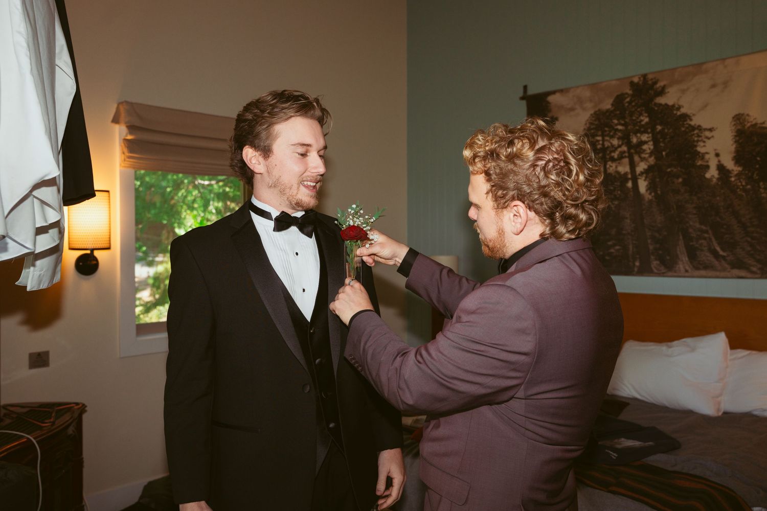 Series of playful moments between wedding party members in formal attire.