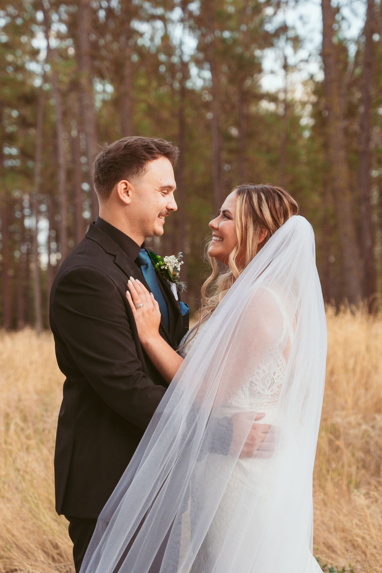 A romantic wedding couple embraces in a field of tall golden grass with pine trees in the background.