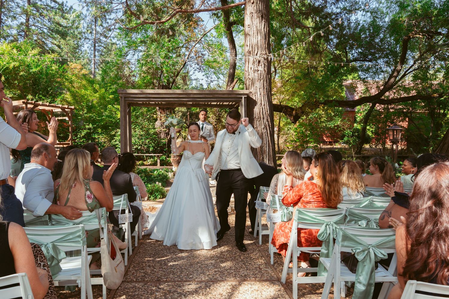 Outdoor wedding celebration with guests dancing and mingling under tall trees.