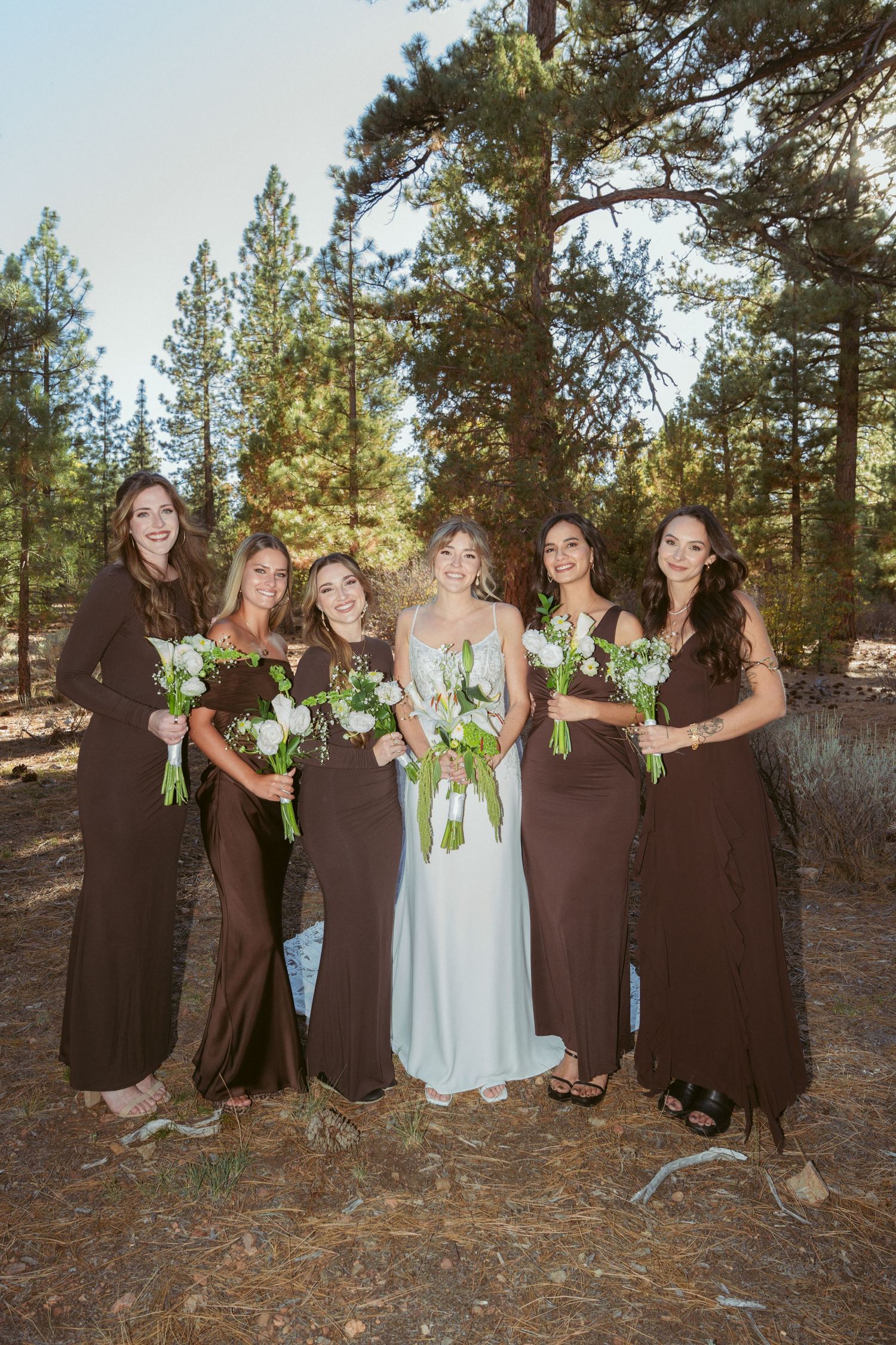 Bridesmaids in chocolate brown dresses pose with bride in white gown against forest backdrop.