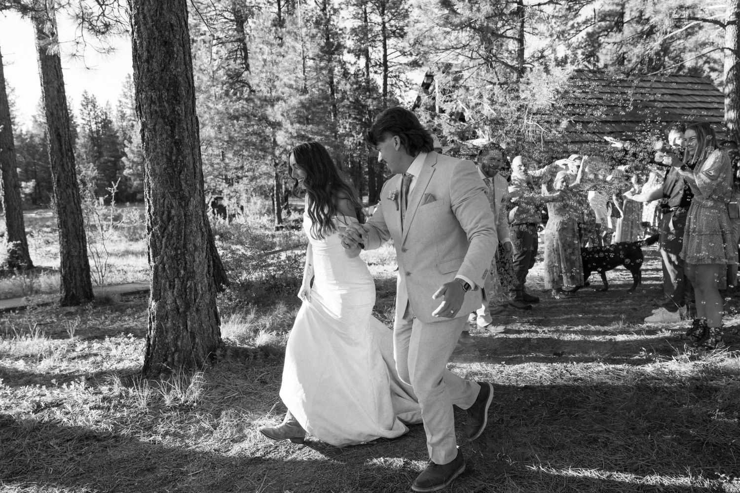 Black and white photo of a wedding celebration in a rustic forest setting.