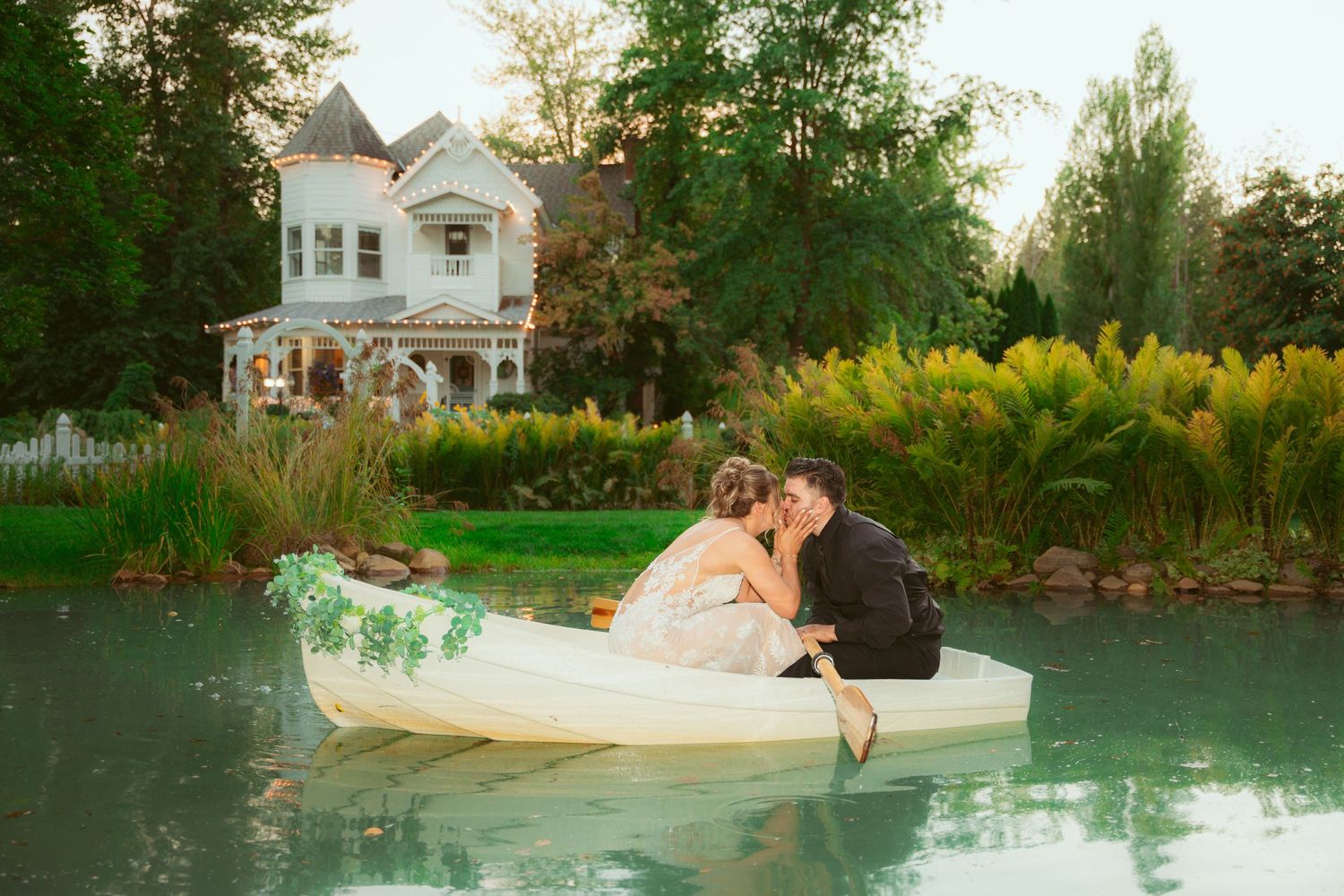 A series of romantic wedding photos taken in a garden setting with a white gazebo and lush greenery.