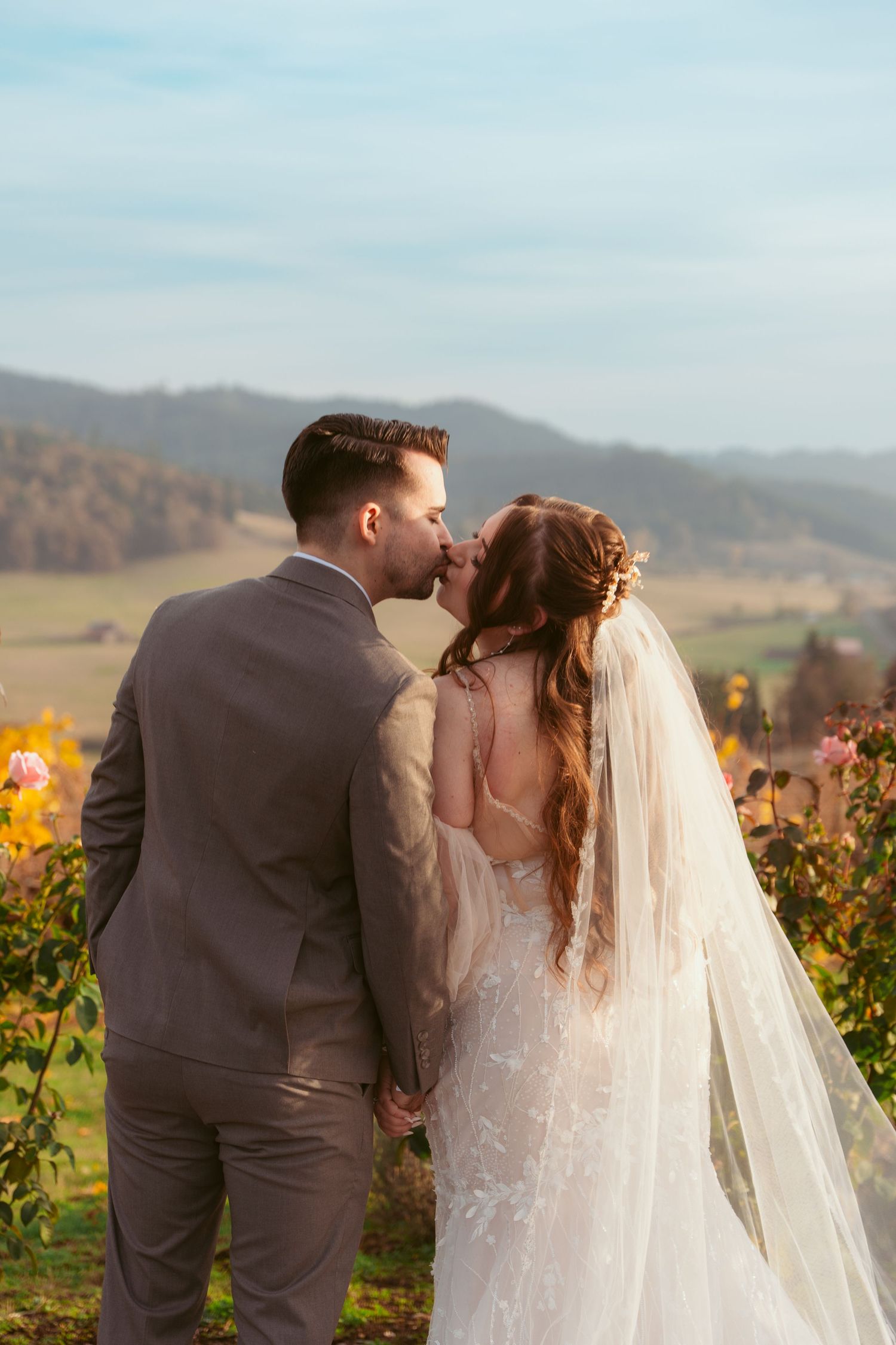Romantic sunset moment in vineyard with mountains and autumn colors in background.
