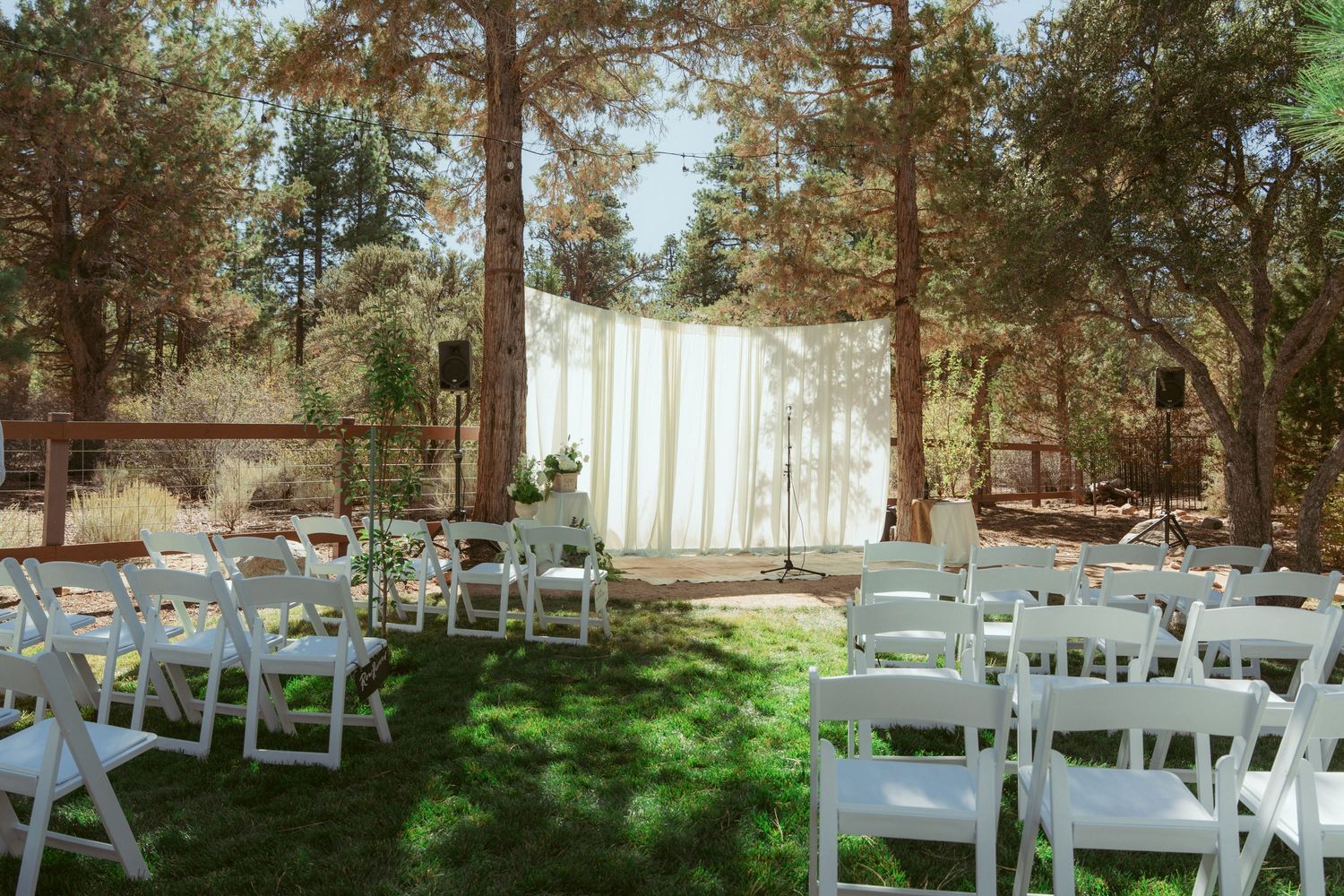 White folding chairs set up for an outdoor wedding ceremony among pine trees.