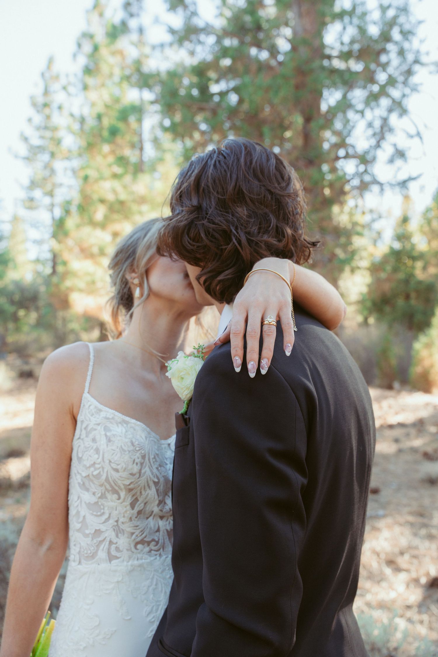 Candid wedding moments captured in sequence against natural forest backdrop.