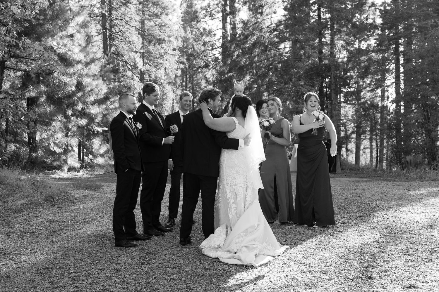 Wedding guests gather in a wooded outdoor ceremony space surrounded by tall pine trees.