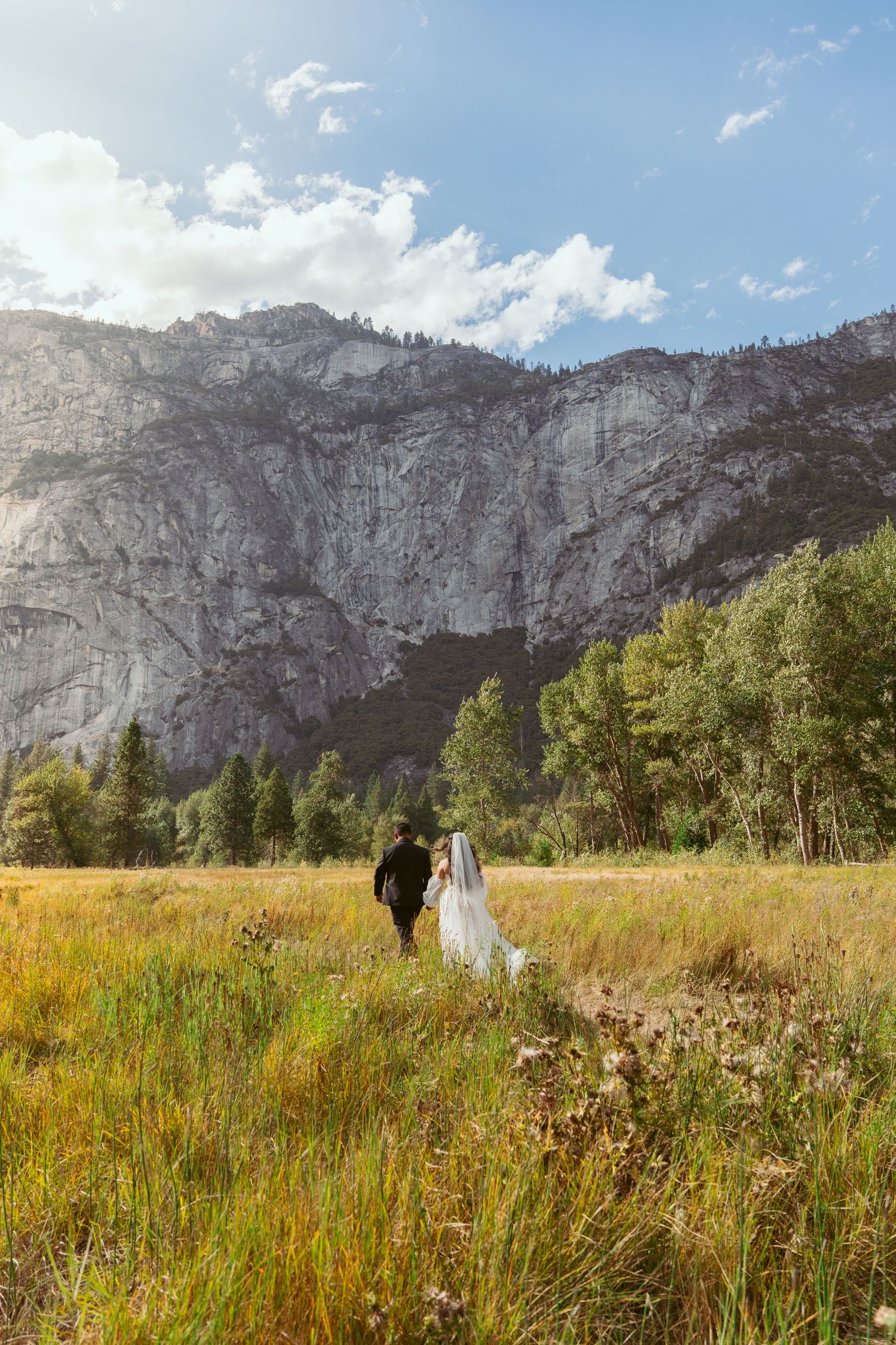 Wedding couple poses in sunlit meadow with Yosemite's iconic granite walls rising behind them.