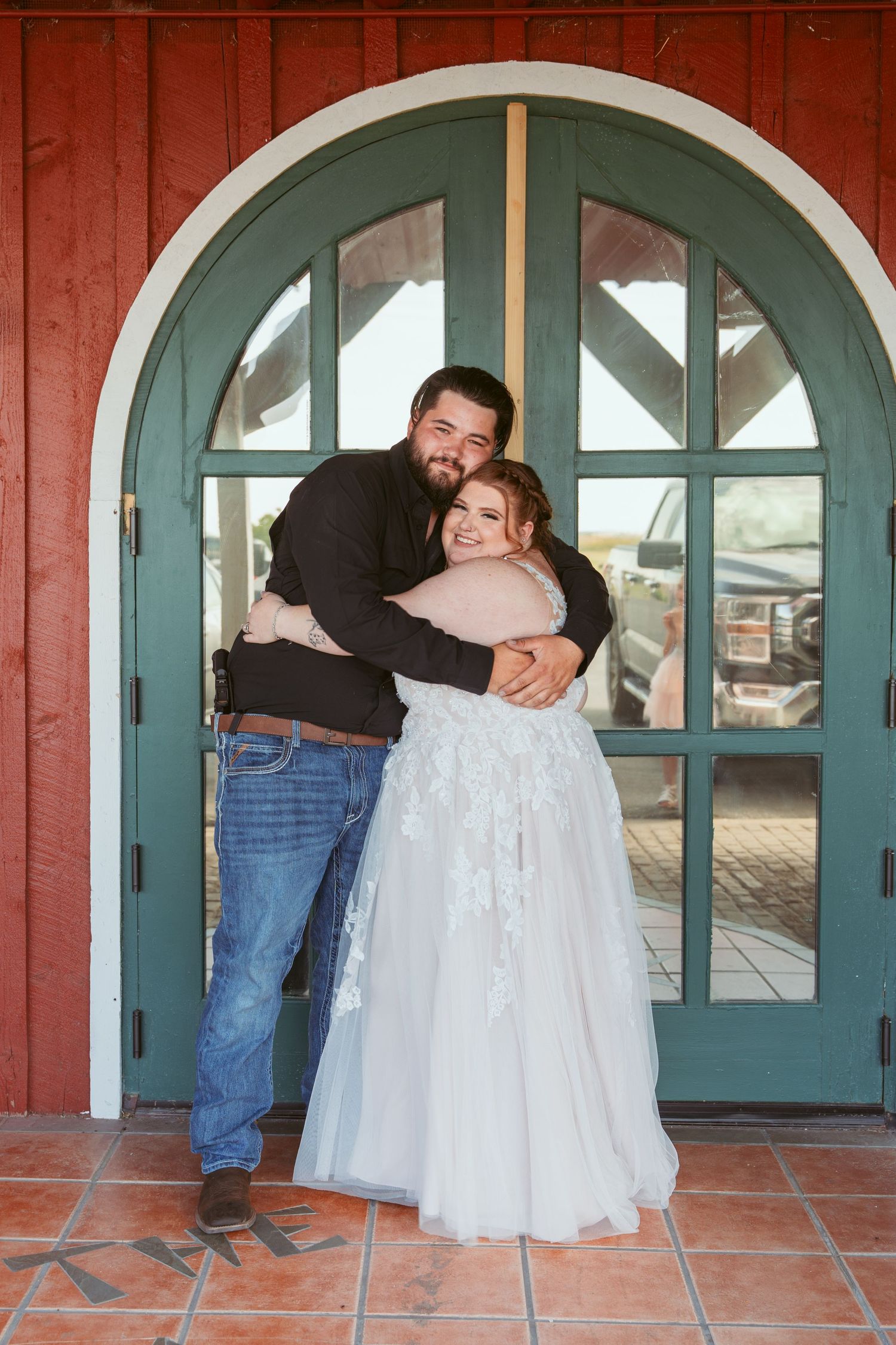 Sequential photos show playful interaction between wedding party members in front of arched doorways.