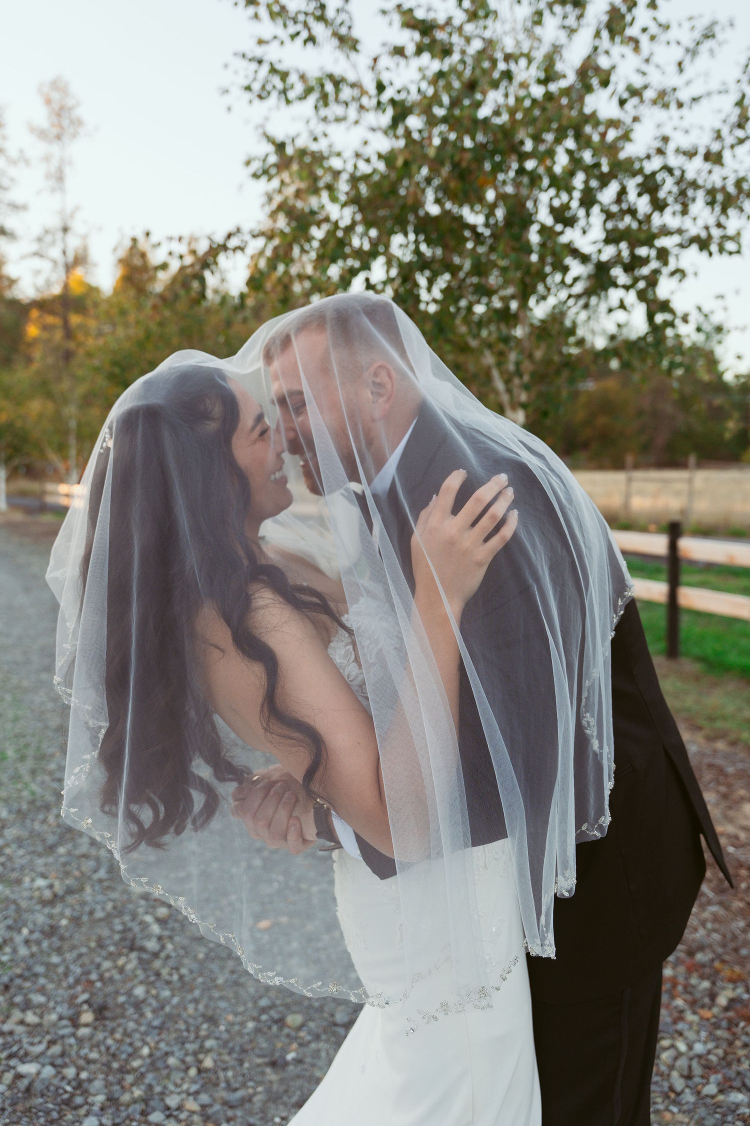 A romantic kiss under a sheer wedding veil in an outdoor setting.